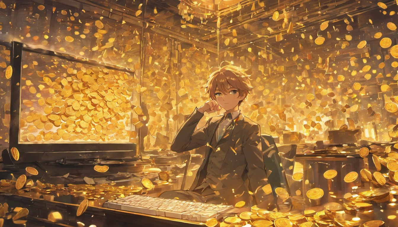 A man,Smiling,relaxing,goodlooking,Middle Age,sitting in front of the computer,A lot of coins and banknotes fell like rain behind him,Cup in hand,Lots of water masses、Bright image、Clear facial expressions