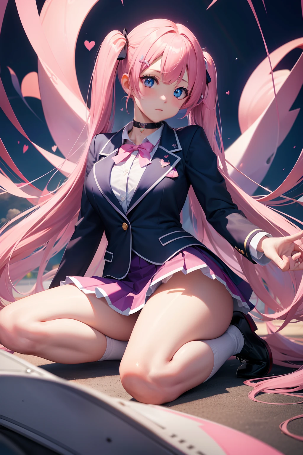 High school girl with beautiful eyes、High School Uniform、Dark blue blazer、Pink skirt、Pink ribbon、Heart-shaped choker、long hair with pink twin tails,,,,,、Schools、独奏、gazing at viewer、rainbows、optic、。.。.。.。.。.。.3D、hight resolution、top-quality、full body Esbian、8K Character Concept、32K、pixiv、illustratio、 ultra-detailliert、hyperdetailed face、Megapixel、 Ultra High Definition HDR、Clair、Overdecoration、● S180 - Rainbow 5