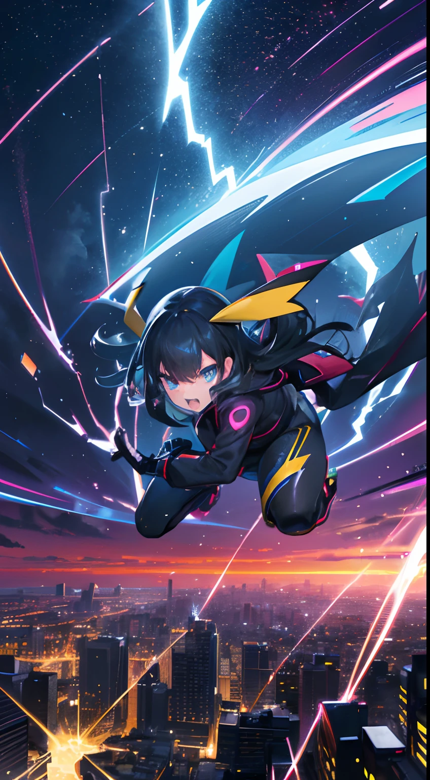 (best quality,ultra-detailed,realistic:1.37),Pokemon pikachu,city,lightning,sparks,vivid colours,detail,landscape,portrait,dynamic lighting,electricity,night scene,colorful,fast-paced,energetic,urban life,spectacular view,urban architecture,modern cityscape,crackling thunder,crimson sky,neon lights,reflection on wet pavement,urban hustle and bustle,playful and lively atmosphere,striking visual impact,playful poses,expressive eyes,powerful electricity bolts,sharp and distinct outlines,dynamic and vibrant colors,night sky illuminated by bright lightning,city in the midst of a thunderstorm,pikachu surrounded by sparks and electrical energy.
