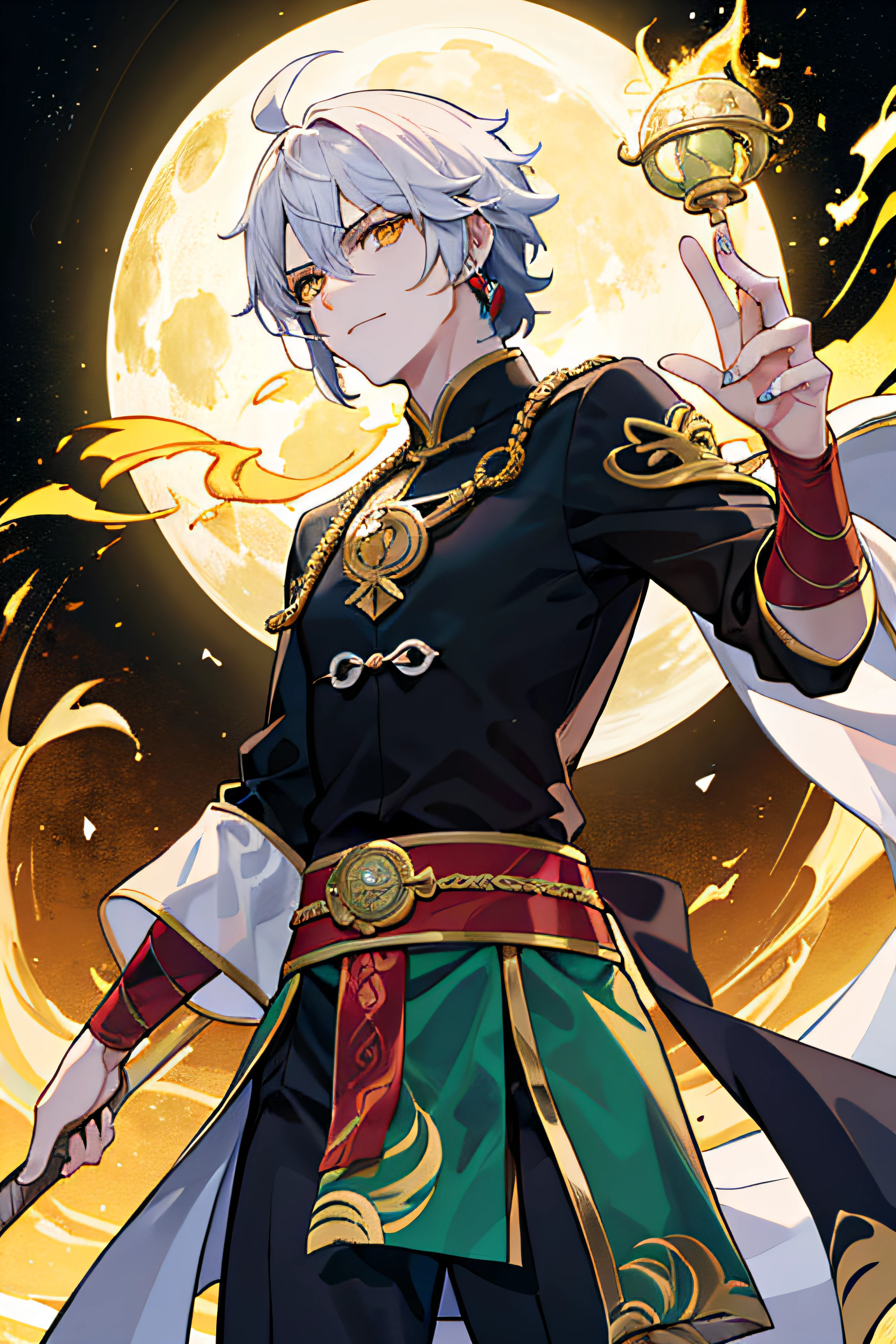 Homem adulto, CORPO DE ADULTO, forte musculoso, ultra alto, Roupas chinesas ,rosto ultrafino, Um olhar detalhado, dynamicposes,Hanfu,dragon horn,pupila dourado,olhos de cor dourado,arte oficial de alto detalhe,arte detalhada do anime,a noite,Outside,Themoon,Terra,yellow dragon, solo, terra, pedra ,lotuses,xianxia fantasia,xianxia de corpo inteiro,xianxia hero, Zhao Yun,Personagem de Genshin impact,xianxia hero,no ar, cabelo preto, adulto homem. Roupas preto com dourados, half-dragon character, com uma aura dourada, golden gloves on his hands made of a yellow crystal that shines divinely. Roupas totalmente preta com detalhes vermelho e dourado.
