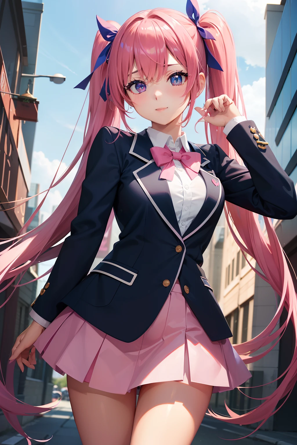 High school girl with beautiful eyes、High School Uniform、Dark blue blazer、Pink skirt、Pink ribbon、Heart-shaped choker、long hair with pink twin tails,,,,、Schools、独奏、gazing at viewer、rainbows、optic、。.。.。.。.。.3D、hight resolution、top-quality、full body Esbian、8K Character Concept、32K、pixiv、illustratio、 ultra-detailliert、hyperdetailed face、Megapixel、 Ultra High Definition HDR、Clair、Overdecoration、● S180 - Rainbow 5