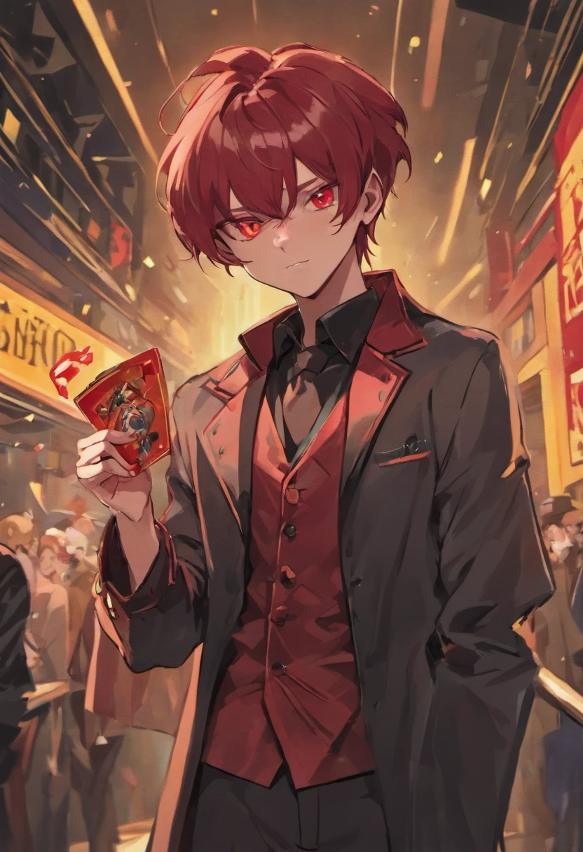 anime dark skin gambler with red eyes holding a card in his left hand. He wears phantom theif style clothing such as fancy trenchcoat, black fedora, beige shirt with black tie underneath an red vest, smug expression, smirking (((brown:1.3, red:1.3,black:1.2, white:1.2)))