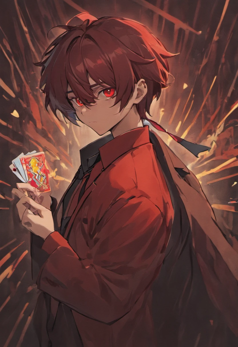 anime dark skin gambler with red eyes holding a card in his left hand. He wears phantom theif style clothing such as fancy trenchcoat, black fedora, beige shirt with black tie underneath an red vest, smug expression, smirking (((brown:1.3, red:1.3,black:1.2, white:1.2)))