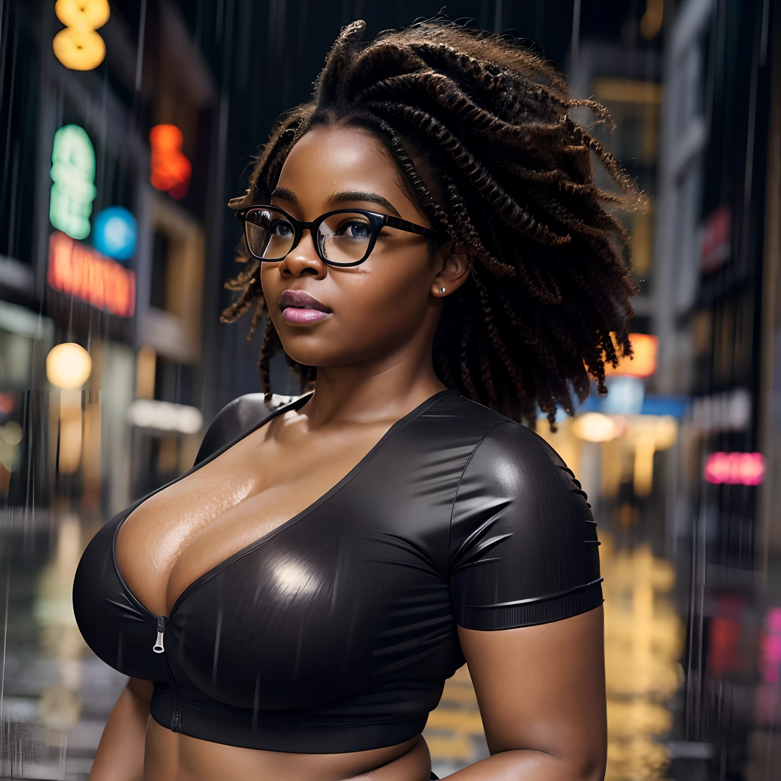 Hyper realistic, very fat black girl, dynamic lighting, very detailed, hydrated black skin, medium hair, curly hair, nerdy glasses, big boobs. Running in the rain, wet clothes, nipples, cold rainy night, night lighting, city lights