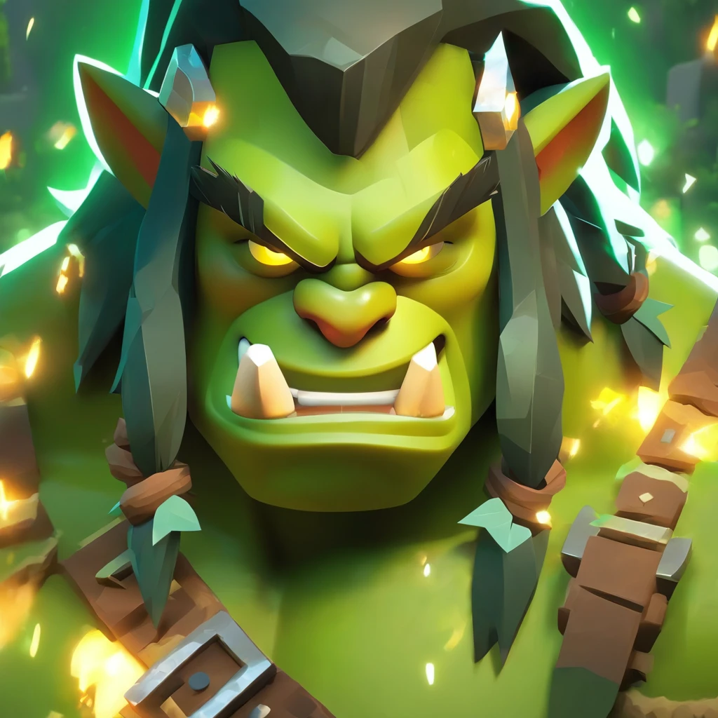 (Estilo Pixar),Modelo de quarto pequeno aconchegante, Modelo de personagem grande, Orc realista, fonte de luzes verdes da direita para a esquerda, Rum lighting, fonte de luz da direita para a esquerda, (ISO distance vision), (de cima para baixo), Realistic proportions, Post-processing, ((perspectiva ortogonal)), super detalhe, Realistic, super realistic, photoreal render, Cor irridescent, Glitters, Minecraft: Orc.