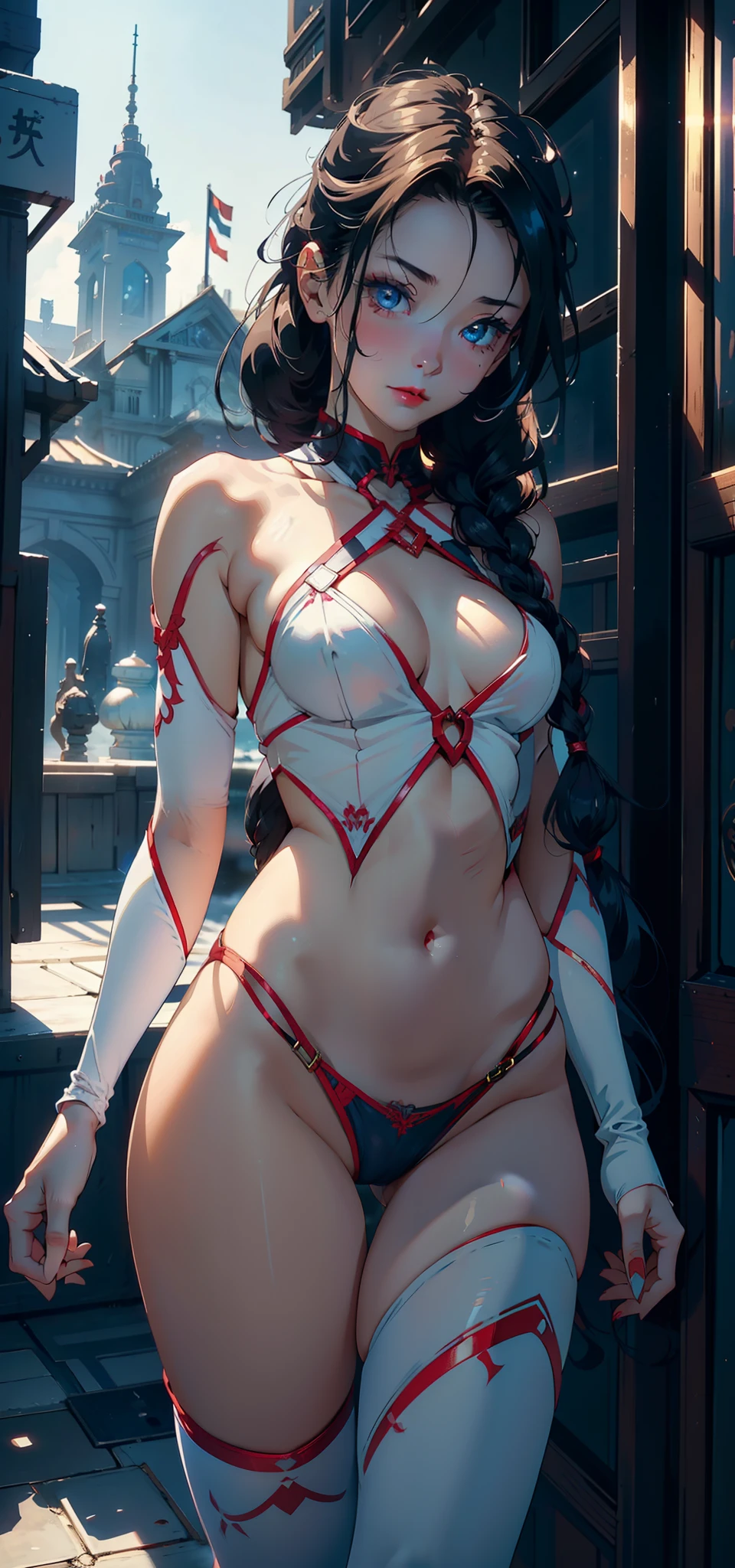 1female, 5,Small lolsmallunderboob, 独奏,(Background with:Huge machinery,space ship,space) She has short black hair,Twist braids,seen from the front, hair straight,,(((tmasterpiece),(Very detailed CG unity 8K wallpaper),best qualtiy,cinmatic lighting,detailed back ground,beatiful detailed eyes,Bright pupils,Blue eyes,Snow-whiteskin,Redlip(Very fine and beautiful),(Beautiful and detailed eye description),ultra - detailed,tmasterpiece,))facing at camera,A high resolution,ultra - detailed),revealing breasts,Bare genitalia, Bulge,legs are open,Raised sexy,Camel toes,Flushed complexion,Desire for dissatisfaction,frontage,spiderman uniform,