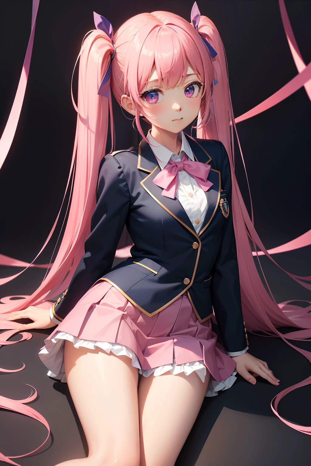 High school girl with beautiful eyes、High School Uniform、Dark blue blazer、Pink skirt、Pink ribbon、Heart-shaped choker、long hair with pink twin tails,,,,,,,,、Schools、独奏、gazing at viewer、rainbows、optic、。.。.。.。.。.。.。.。.。.3D、hight resolution、top-quality、full body Esbian、8K Character Concept、32K、pixiv、illustratio、 ultra-detailliert、hyperdetailed face、Megapixel、 Ultra High Definition HDR、Clair、Overdecoration、● S180 - Rainbow 5