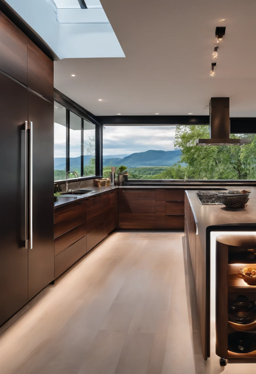 Modern kitchen,Spectacular renovation,refrigerator,cabinet,Wide Scene,In panoramic view,From the outside, UHD, high-detail