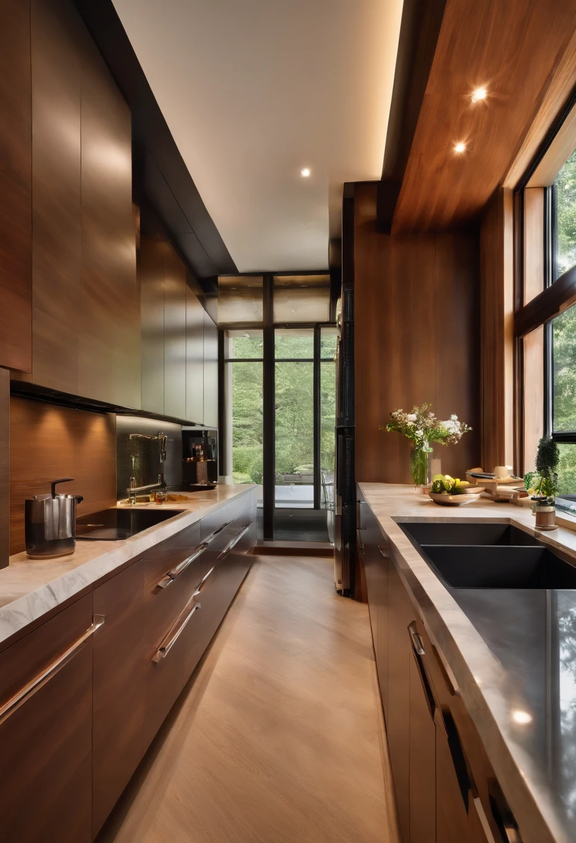 Modern kitchen,Spectacular renovation,refrigerator,cabinet,Wide Scene,In panoramic view,From the outside, UHD, high-detail