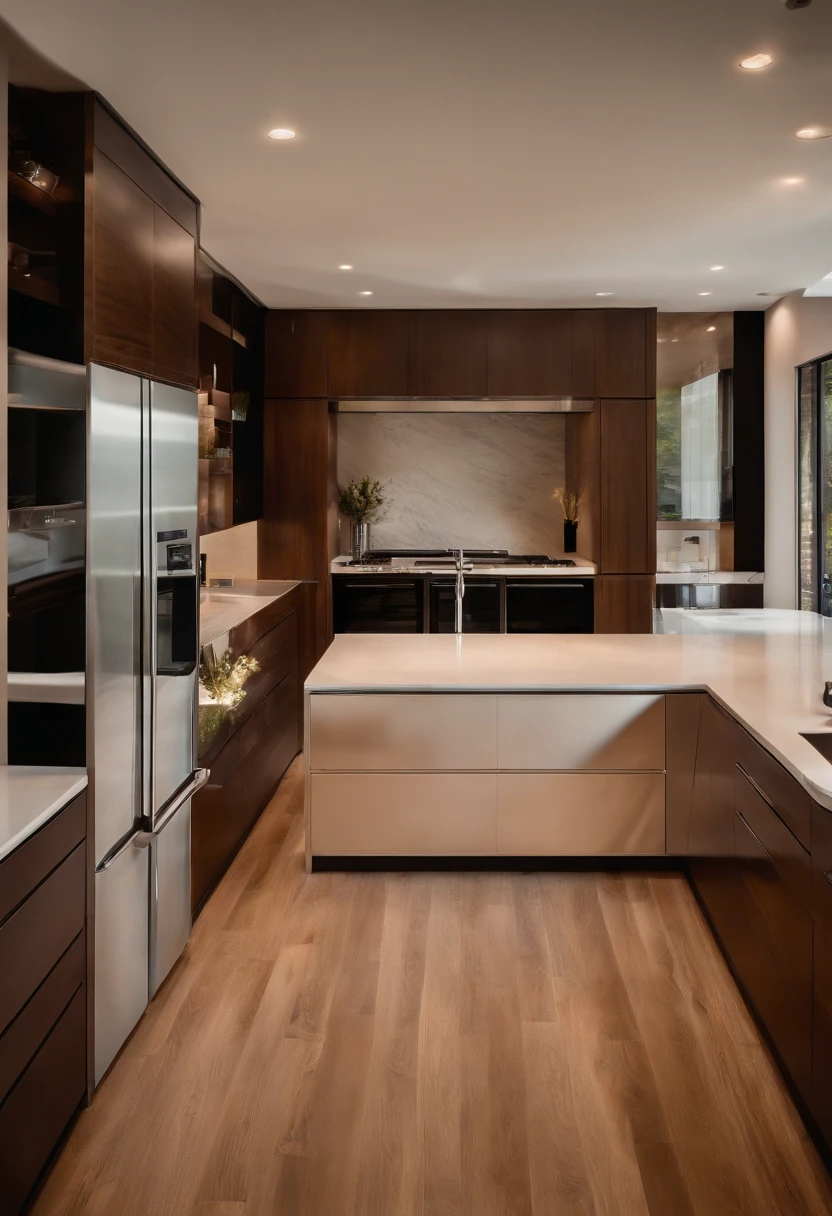 Modern kitchen,Spectacular renovation,refrigerator,cabinet,Wide Scene,In panoramic view,From the outside, UHD, high-detail