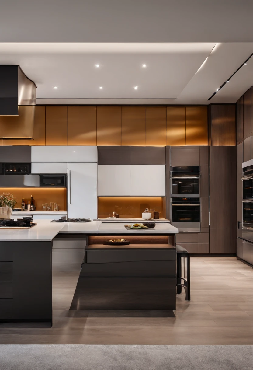 Modern kitchen，Spectacular renovation，refrigerator，cabinet，Wide Scene，In panoramic view，From the outside, UHD, high-detail