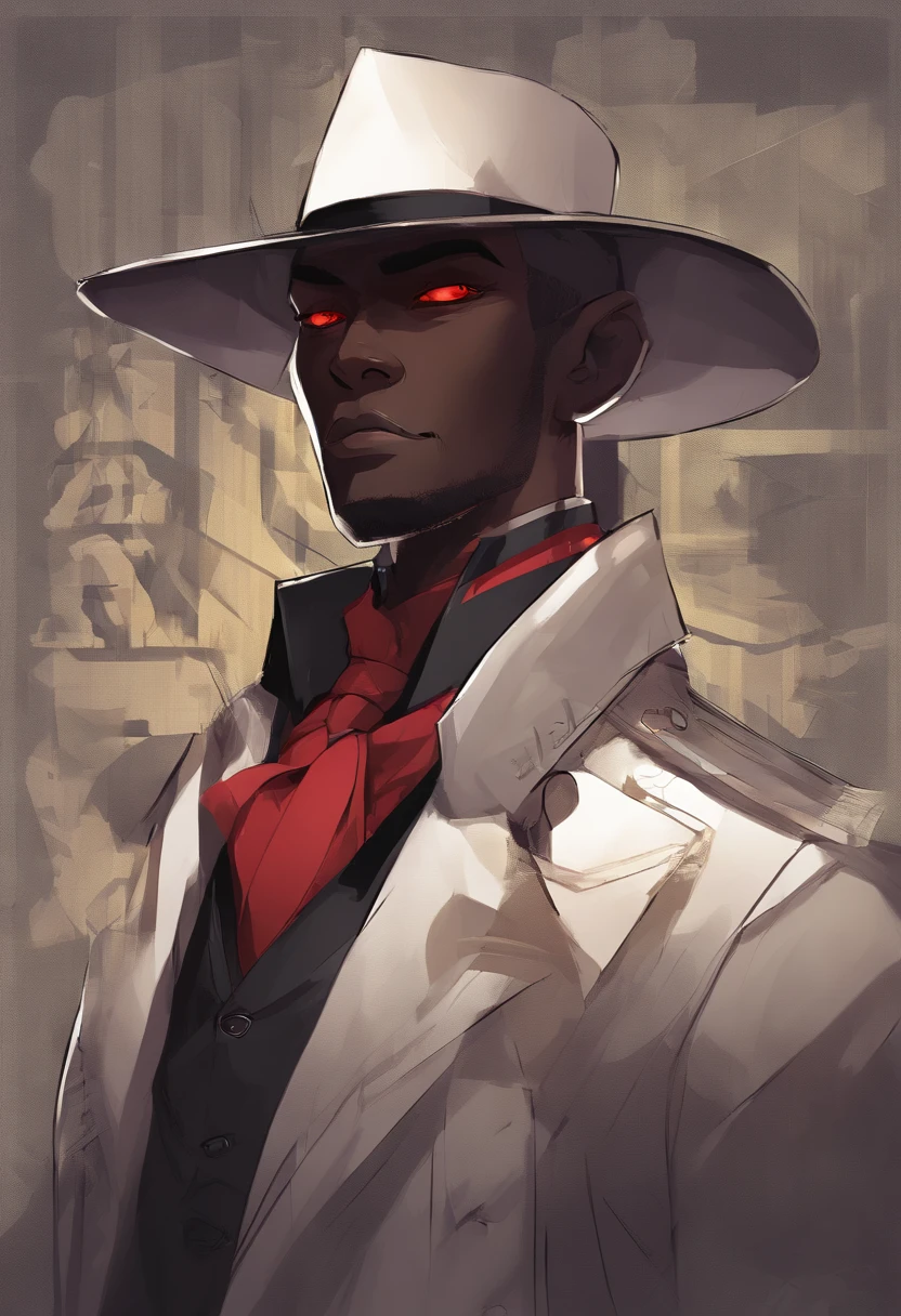 anime dark skin gambler with red eyes holding a card in his left hand. He wears phantom theif style clothing such as fancy trenchcoat, black fedora, beige shirt with black tie underneath an red vest, smug expression, smirking (((brown:1.3, red:1.3,black:1.2, white:1.2)))
