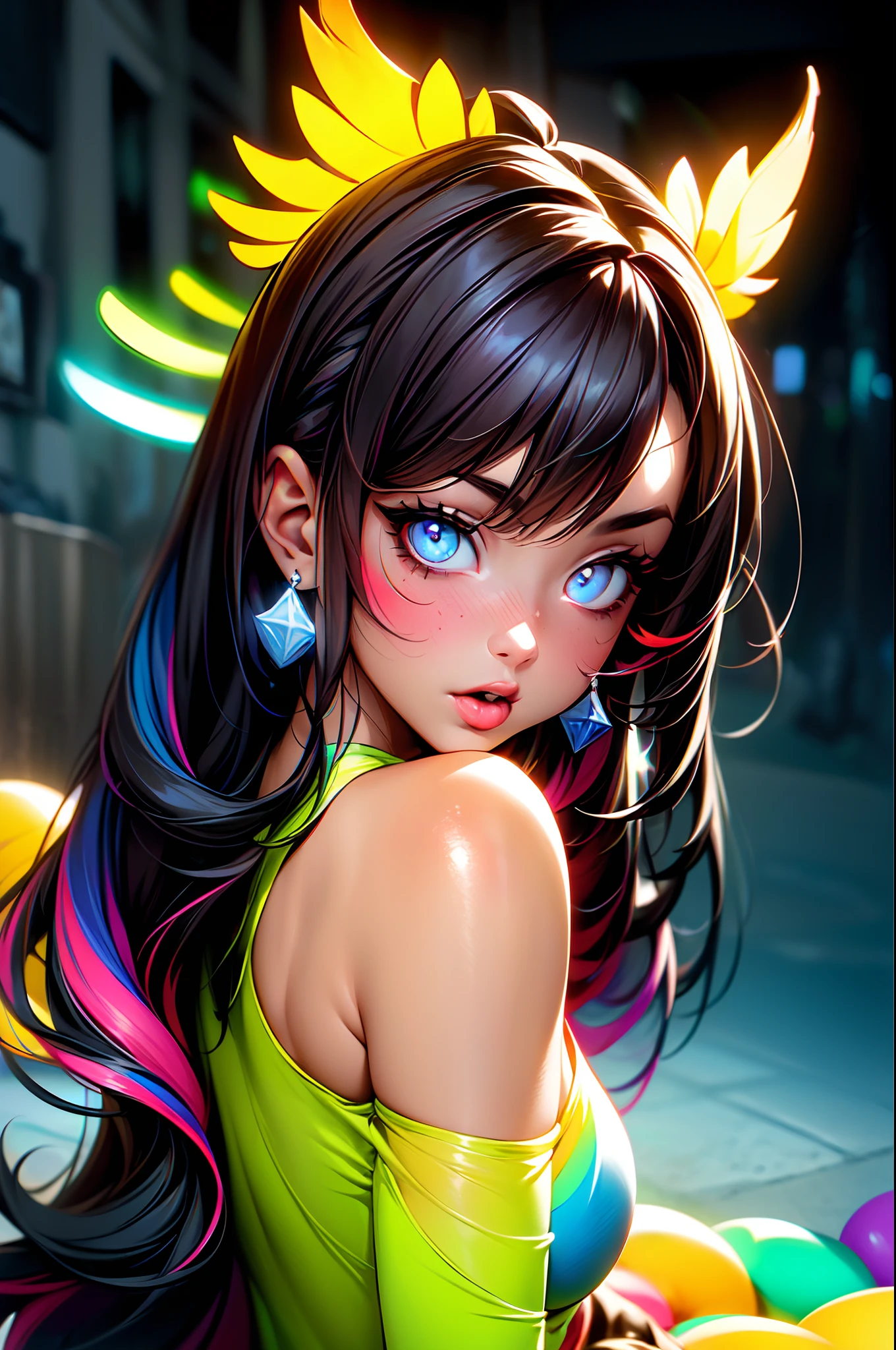 baby face, (short multicolored fluorescence hair:1.5,messy hair:1.5), (photorealistic:1.8), (masterpiece, sidelights, exquisite beautiful eyes: 1.5), masterpiece*portrait, realistic, 3D face,(cute face),front view: 1.6、 (glowing blue eyes:1.2),plump face:1.5,(tareme:1.5)、(seductive smile:1.2),Rosy Mouth,Slim Body,abs, shiny hair, shiny skin: 1.5、medium breasts,cleavage、solo,,(stand)、(cyber-Punk suit)、(charactor focus:1.5、portlate、upper body),Park at night,
