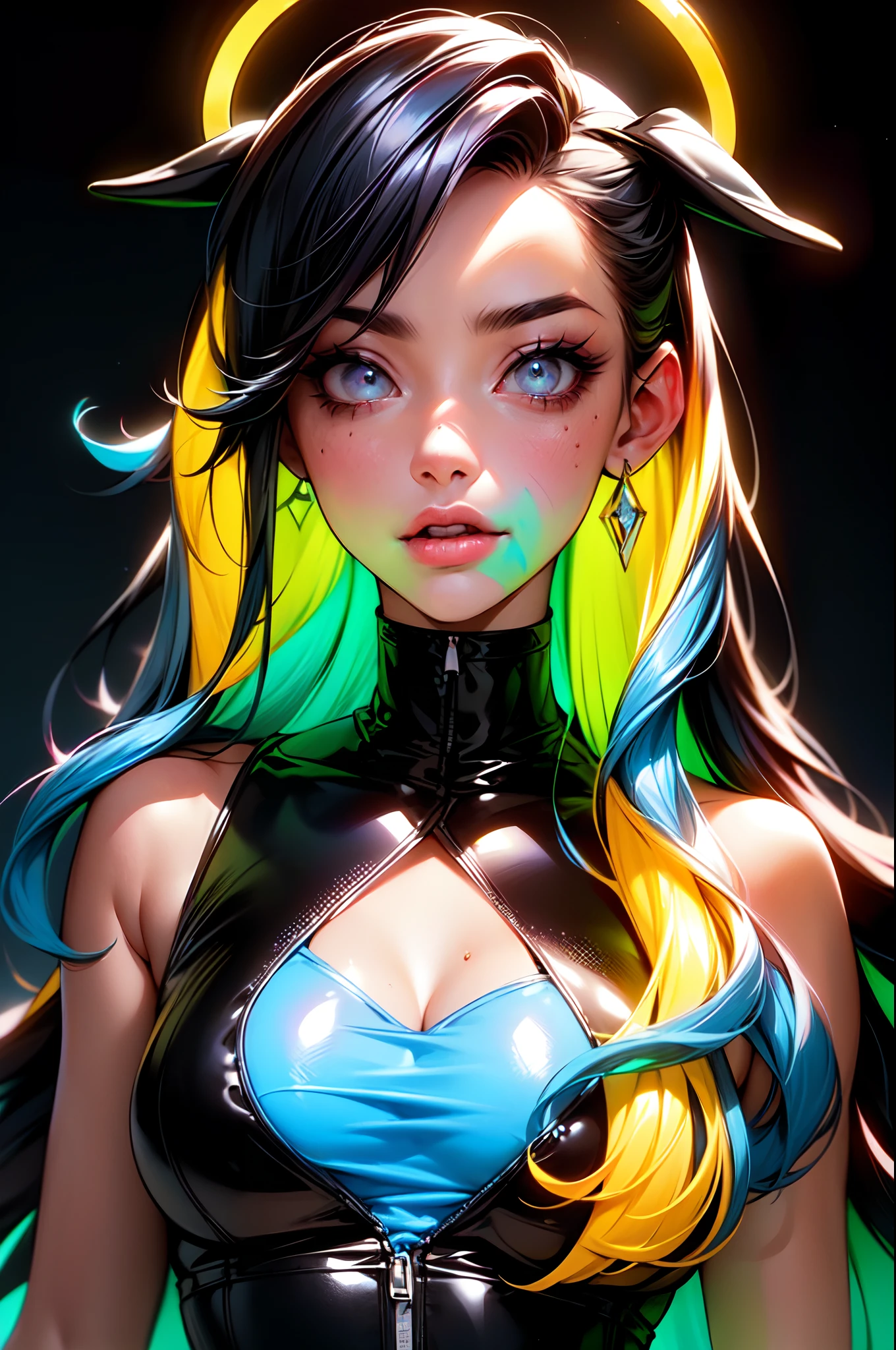 Beautiful android teen, AI teen, solo, adorable cute , mesmerising, expressive face, vr girl, ((green blue golden gradient detailed hair)), cyberpunk futuristic style, ((bright glassy brown eyes)), smoky eyes, pearly illuminated realistic skin, curvy body, medium cleavage, wet glossy reddish full lips, close up, medium shot, half body shot, HDR, Ultra High Definition, highest quality, absurdres, masterpiece, digital world, (black background), glittery, glowing light particles, focus on face, cybernetic head accessories, wireless futuristic head set, microphone, high detail texture, contrast, wavy vibrant green blue orange colours hair, glowing, bare chest, bare shoulder, deep cleavage, light particle dust, colorful glowing orbs, rimlights, back retro-illuminated, alluring laugh, modern digital metal chocker, full boob, center frame, ((digital identity barcode tattooed on left boob)), juvenile, youthful, young, adorable, cutie, ((10yo)), enchanting laugh, ((totally naked)), big hips