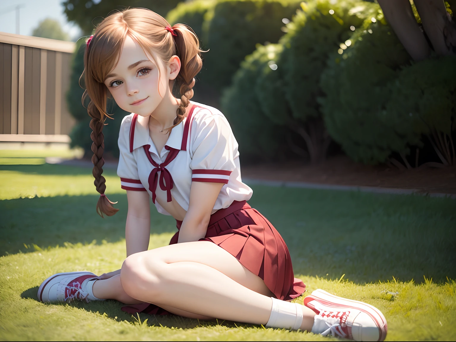 tween Emma Watson in a short dark red pleated skirt, school blouse, braided hair in pigtails, cute smile, (white ankle socks). no shoes. slender body. day. small chest, small boobs, sitting on the grass.
