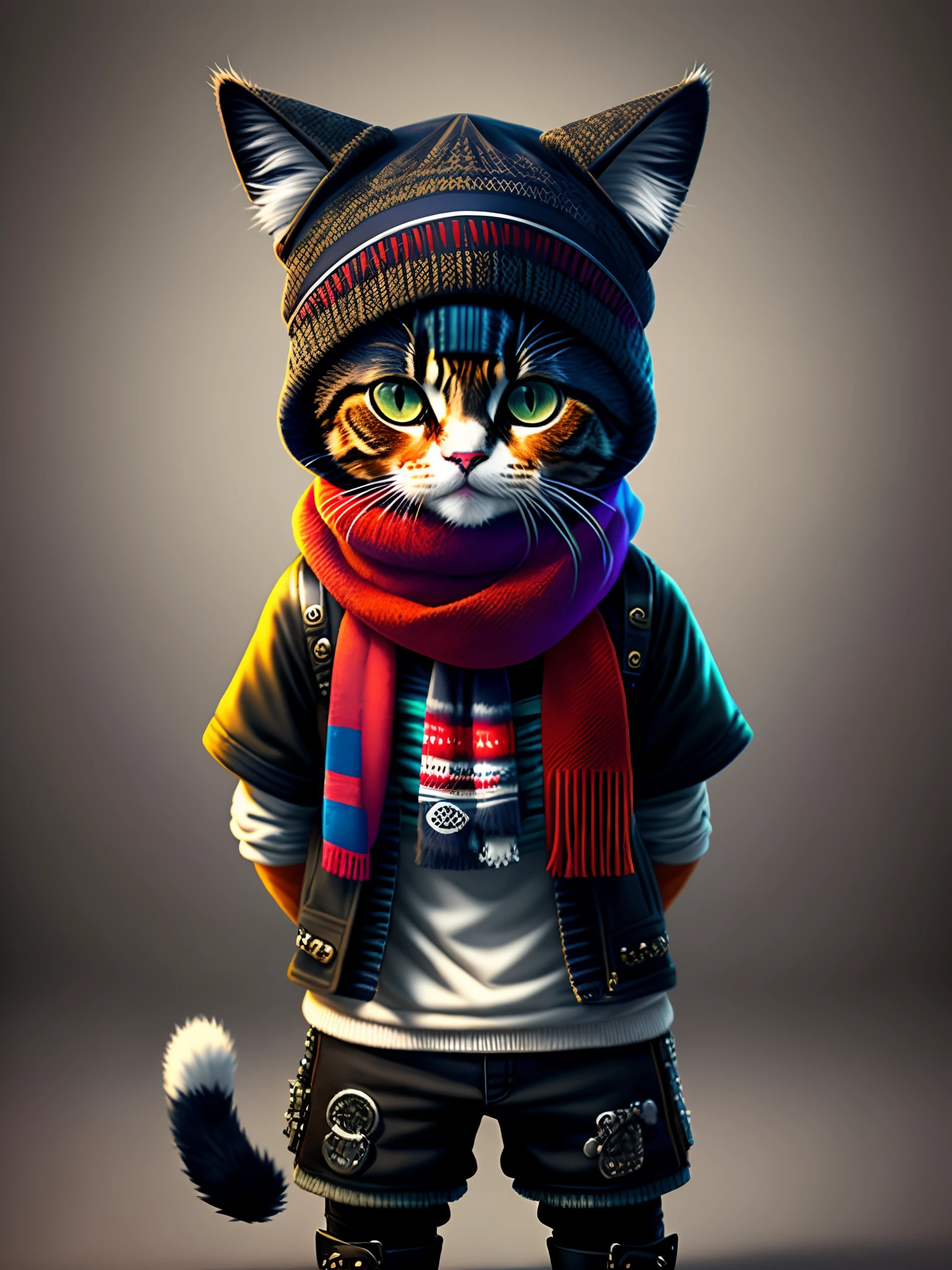 picture of a cat in a hat and scarf, art station trend, dressed in punk clothes, hyper realistic detailed rendering, british gang member, urban style, intimidating pose, planet of cats, fashion clothes, urban samurai, meow, west slavic traits, 8 1 5