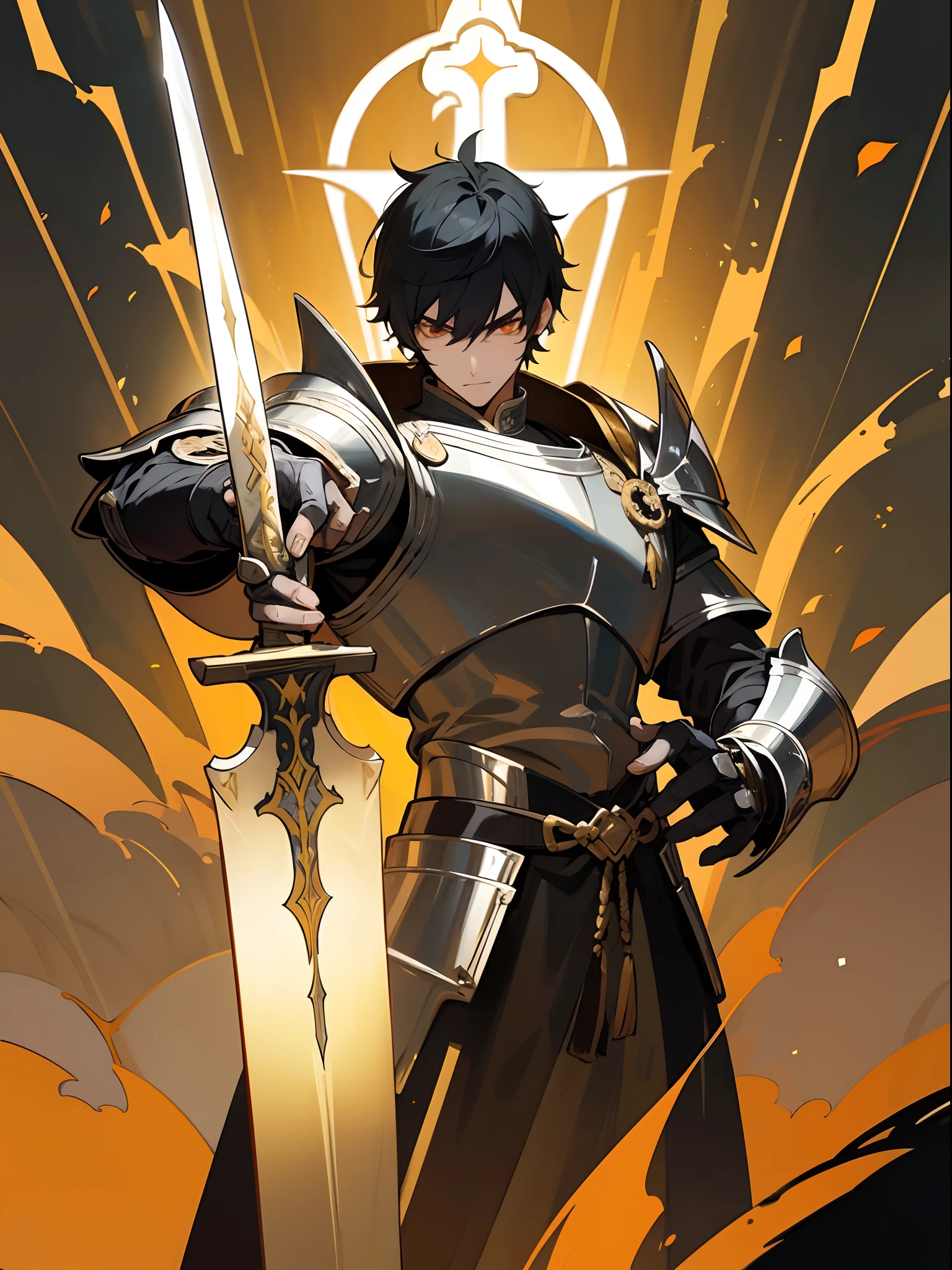 25 years old boy, black short hair, orange eyes, holy paladin, Heavy oriental style armor,silver and gold armor,holding longue medieval sword, INSANE Resolution,Forest background