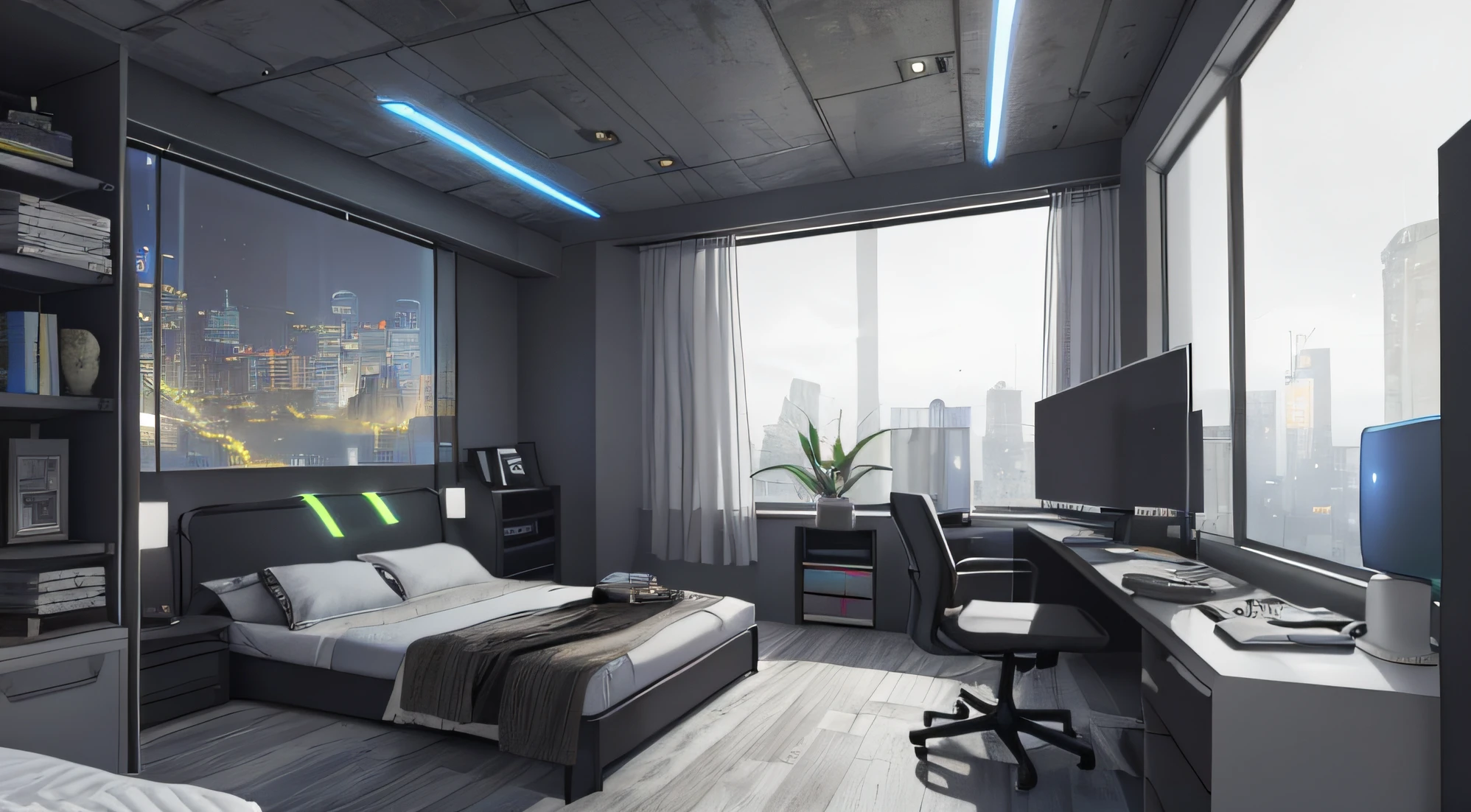 Gorgeous sci-fi matte painting elara's bedroom, Sparta and Greg Rutkowski. sharp edges, Camera Straight, yellow scheme, Small kitchen, A small room, gaming computer, light gray, white and gray Sci-fi bedroom, Outside the windows of the cyberpunk cityscape, huge panoramic window of the Cyberpunk room, Sundown, fog effect outside the window, gloomily. Ultra-sharp detail, 3d, rendering, 4K, huge gaming setup, wide screen monitor, soft white led strips on ceiling, ambient lightning, cozy atmosphere, sexy room, groovy touch