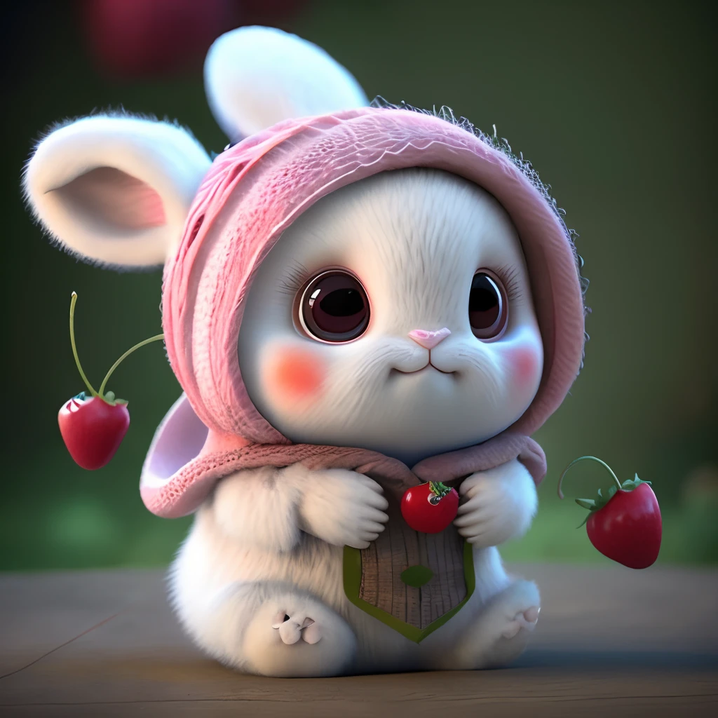 : 3. Rabbit, realistic, hairy, dressed beast, apple, dark circles, blush, cherry, food, fruit, whole body, hat, non-human, strawberry, tomato, watermelon