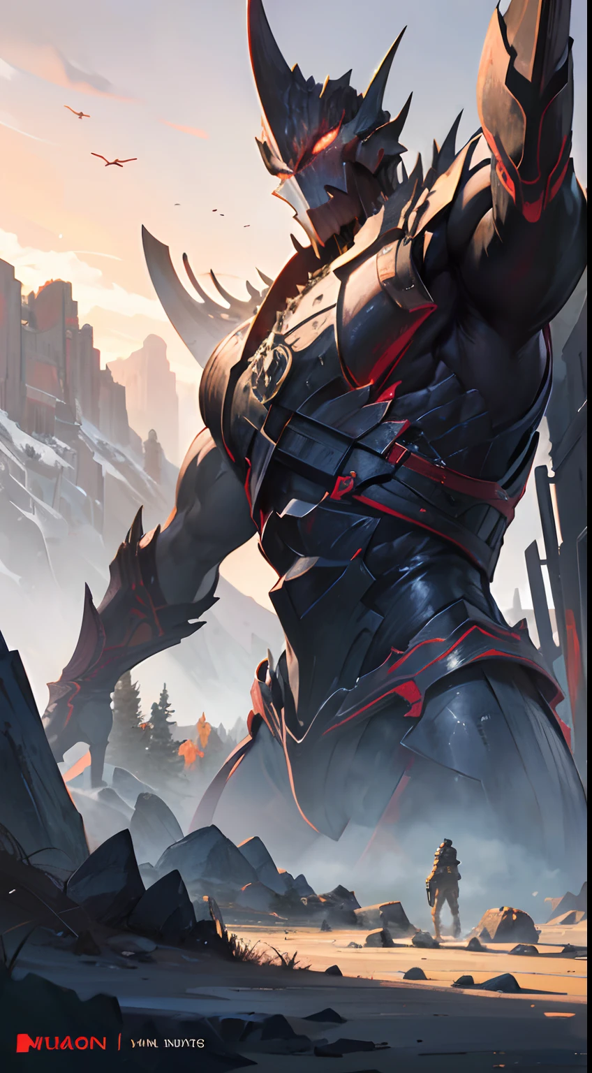 A mighty titan standing tall in the midst of majestic mountains, surrounded by a breathtaking landscape. The titan is intricately detailed, with every muscle and contour captured with precision. The immense power and strength of the titan are evident, portrayed through its massive stature and imposing presence. The mountains serve as a backdrop, their rugged peaks reaching towards the sky, adding to the scene's grandeur. The artwork is of the highest quality, a masterpiece in every sense, with an ultra-detailed depiction that captures every minute detail. The colors are vivid, bringing the scene to life, while the lighting accentuates the titan's powerful aura. The overall tone showcases a blend of realism and fantasy, combining elements of nature with a touch of the mythical. It is a true work of art that evokes a sense of awe and wonder.
