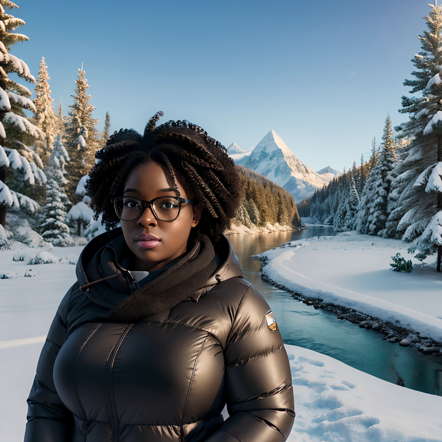 Hyper realistic, very fat black girl, dynamic lighting, very detailed, hydrated black skin, medium hair, curly hair, nerdy glasses, big boobs. Winter clothes, cold, snow, mountainous, river to the horizon, frozen vegetation, heavy coat