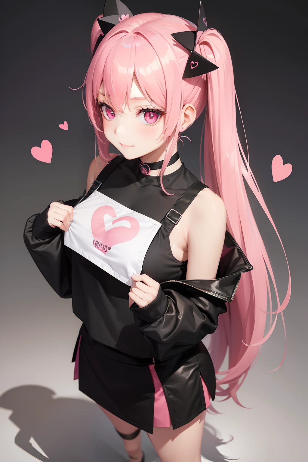 full body Esbian, masutepiece: 1.2, Highest Quality), (Live-action, elaborate details), (1 Lady, Solo, Upper body,) Clothing: Edgy, Black long jumper, pink miniskirt, long hair with pink twin tails,,,,,,,,,,,,、Avant-garde, Experimental appearance: Long pink twin tail hair 、Heart-shaped choker、The location: bustling city、Solo, Nice smile、Value Creation in Mixed Media Art: individuality, authenticity, Creative expression