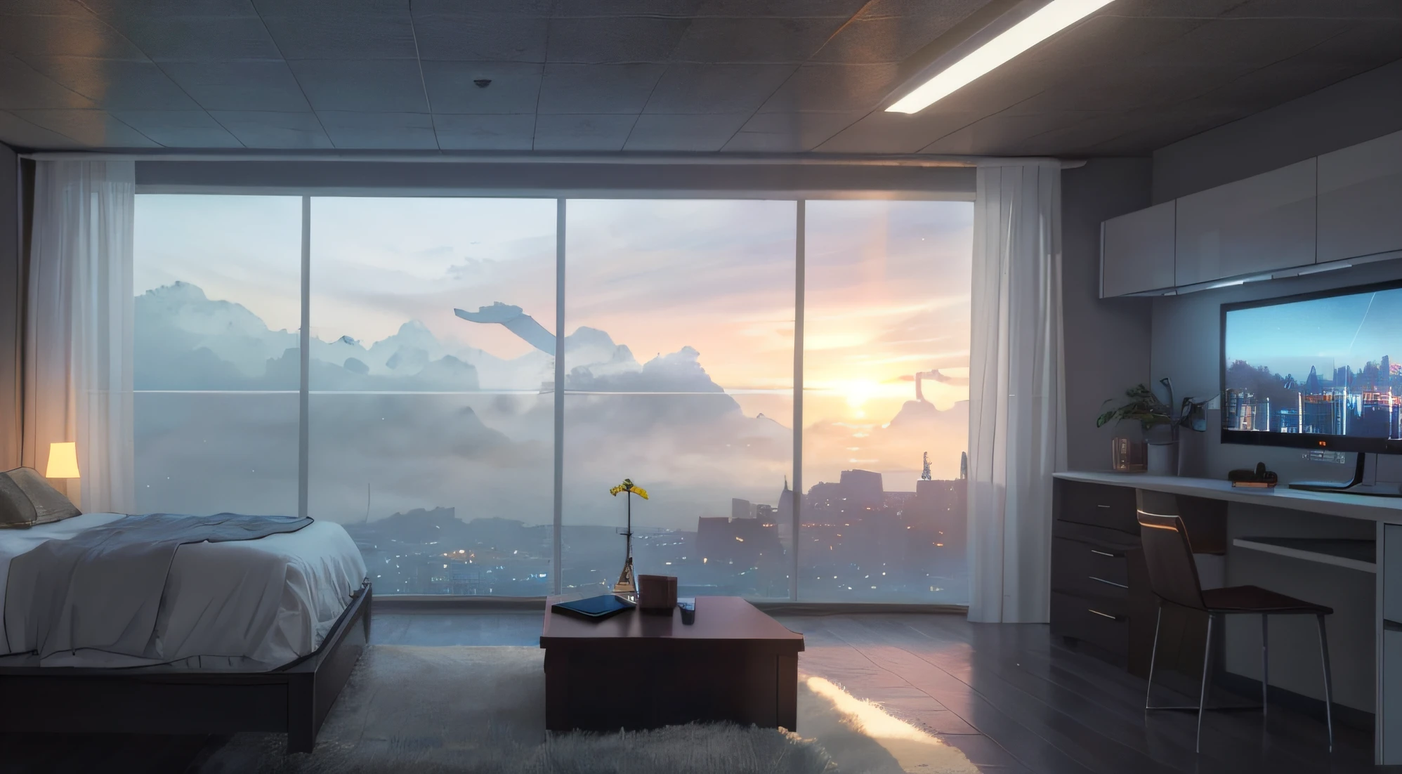 Gorgeous sci-fi matte painting for John Harris' bedroom, Sparta and Greg Rutkowski. sharp edges, Camera Straight, yellow, Small kitchen, A small room, computer, dark gray, white-gray.. Sci-fi bedroom , Outside the windows of the cyberpunk cityscape, huge panoramic window of the Cyberpunk room, Sundown, rain outside the window, Fog effect outside the window, gloomily. Ultra-sharp detail, 3d, 4K, huge gaming setup, wide screen monitor, white led strips on ceiling