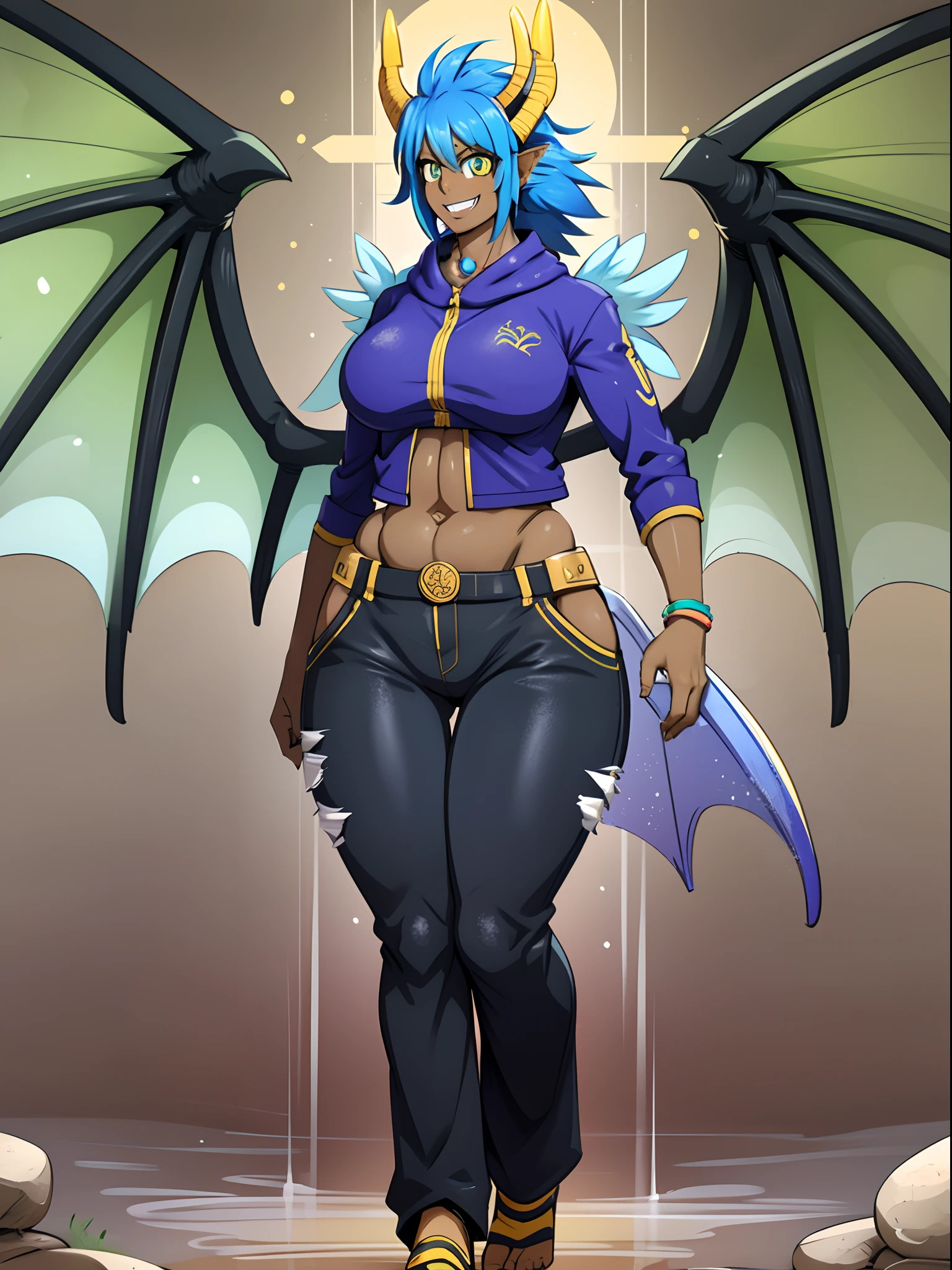 sapphirus, darkskinned-female, dragon wing, smile, pants, full body, standing, pullover, two wings,