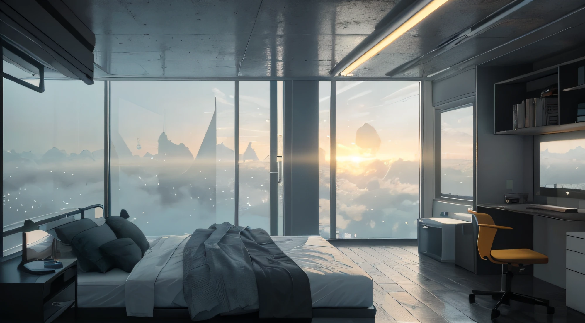 Gorgeous sci-fi matte painting for John Harris' bedroom, Sparta and Greg Rutkowski. sharp edges, Camera Straight, yellow, Small kitchen, A small room, computer, dark gray, white-gray.. Sci-fi bedroom , Outside the windows of the cyberpunk cityscape, huge panoramic window of the Cyberpunk room, Sundown, rain outside the window, Fog effect outside the window, gloomily. Ultra-sharp detail, 3d, 4K, huge gaming setup, wide screen monitor, white led strips on ceiling