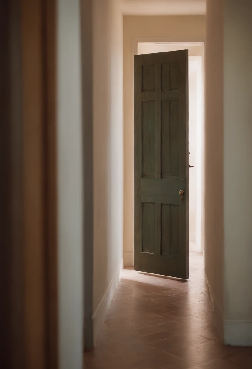 escena comienza con un pasillo poco iluminado, donde el protagonista camina cautelosamente hacia una puerta cerrada.
2. The camera focuses on a rusty door knob that rotates slowly and creaks with each rotation