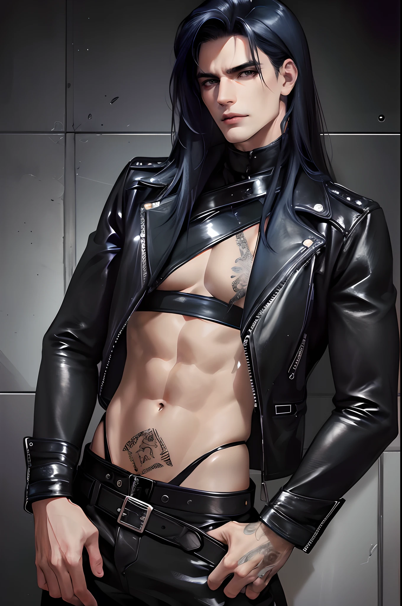 cover for a book, photography of a heavy metal star, a solo man, (((man))), (masculine face), 25 years old, singer, bad boy, (black eyes), expressive look, long dark blue black hair, (((bar background))), straight hair, blueshine hair, unshaven, black leather jacket, long sleve jacket, leather pants, chest tattoo, super detailed face, perfect body, perfect shapes, realistic image, award winning photography, 8k,