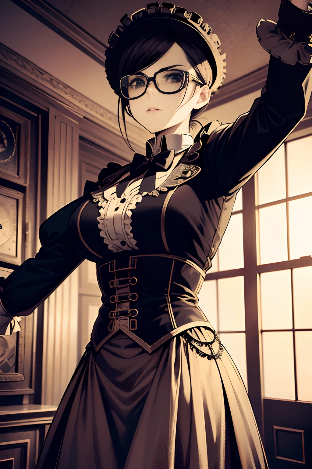 cryptid core, steampunk with chav girl, clockpunk maid clothes, cool face with cool glasses, outstretched arms, intricate details, chic modernist interior detail, highest quality, high contrast, 32k resolution,