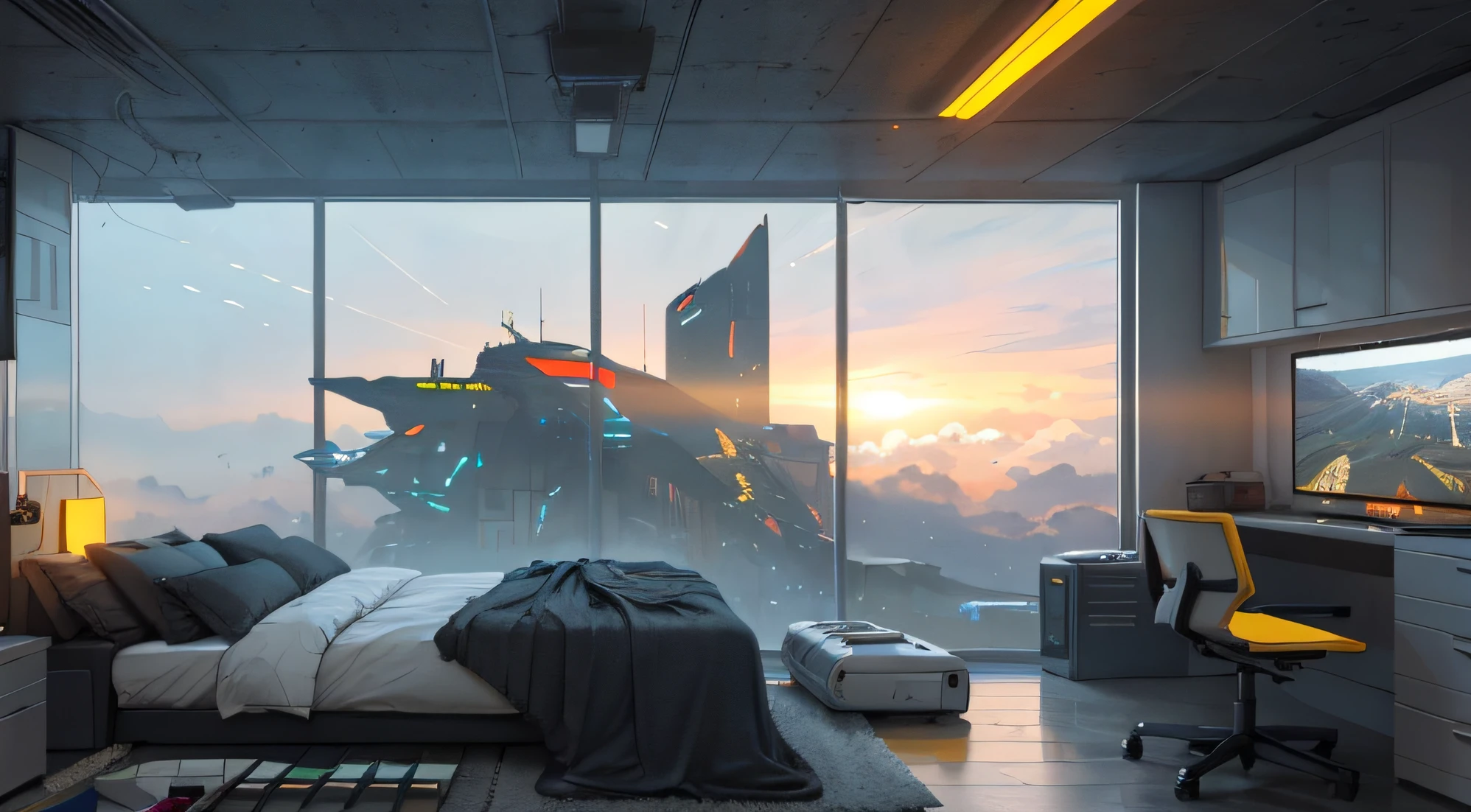 Gorgeous sci-fi matte painting for John Harris' bedroom, Sparta and Greg Rutkowski. sharp edges, Camera Straight, yellow, Small kitchen, A small room, computer, dark gray, white-gray.. Sci-fi bedroom , Outside the windows of the cyberpunk cityscape, huge panoramic window of the Cyberpunk room, Sundown, rain outside the window, Fog effect outside the window, gloomily. Ultra-sharp detail, 3d, 4K, huge gaming setup, wide screen monitor, white led strips on ceiling