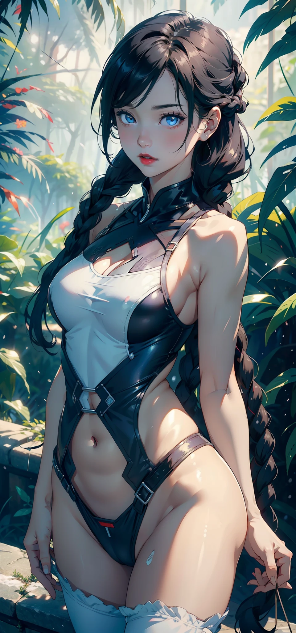 1female， 5，Small lolsmallunderboob， 独奏，（Background with：the rainforest，SakuraNS，Ground area water） She has short black hair，Twist braids，seen from the front， hair straight，，（（（tmasterpiece），（Very detailed CG unity 8K wallpaper），best qualtiy，cinmatic lighting，detailed back ground，beatiful detailed eyes，Bright pupils，Blue eyes，Snow-whiteskin，Redlip（Very fine and beautiful），（Beautiful and detailed eye description），ultra - detailed，tmasterpiece，））facing at camera，A high resolution，ultra - detailed），revealing breasts，Bare genitalia，  Bulge，legs are open，Raised sexy，Camel toes，Flushed complexion，Desire for dissatisfaction，frontage，Captain America uniform，