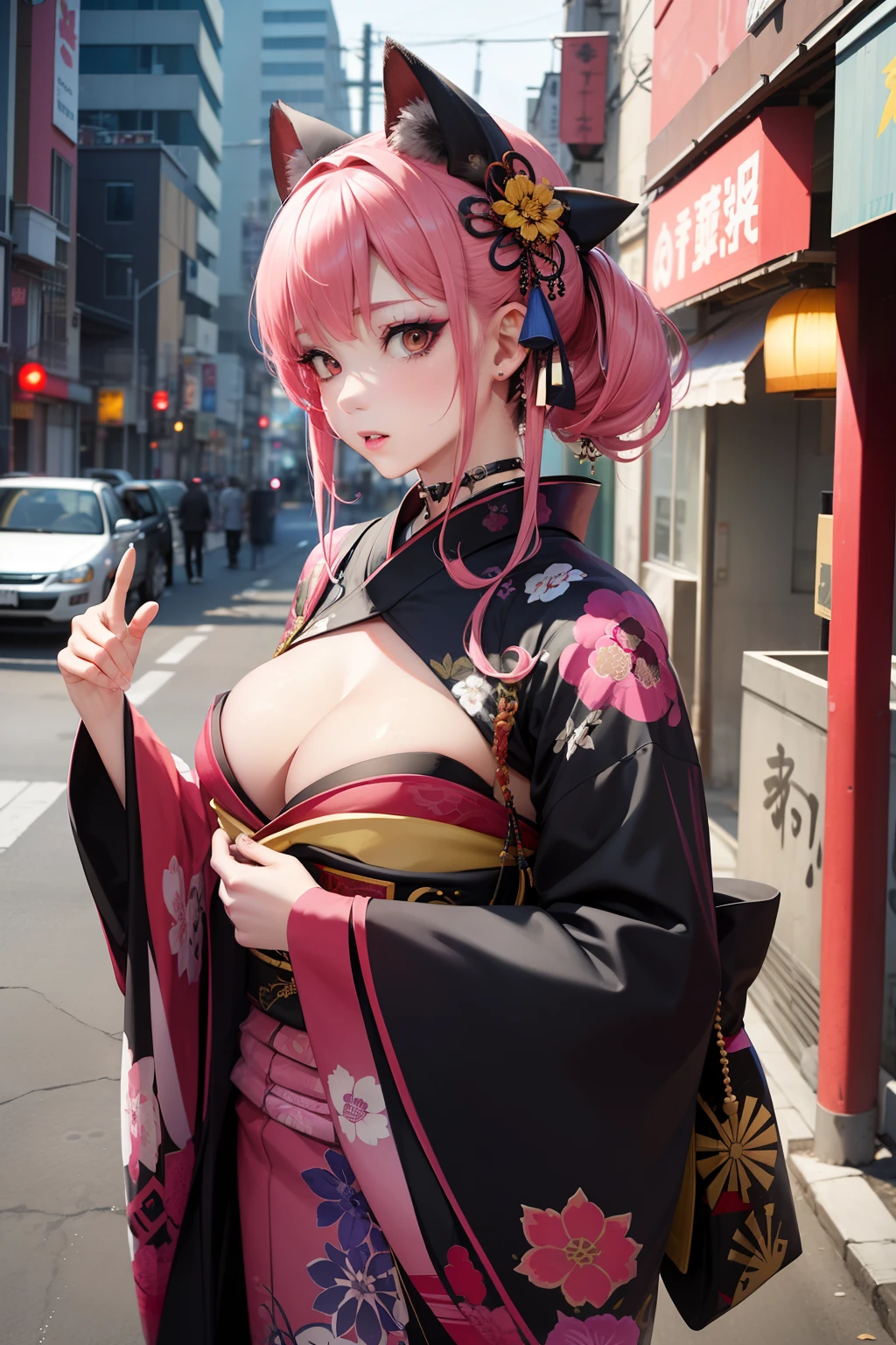 masuter piece:1.2、top-quality)、(Live action、Intricate details)、(1lady、独奏、The upper part of the body、Colossal tits) garments: Edgy、Japanese dress、Kimono appearance、punk、Avant-garde、Experimental appearance: Long pink hair、Dramatic makeup、Unconventional fashion choices behavior: Rebel、Japanese dress、Kimono appearance、punk、Anti-system、Provocative Location: urban art district、Underground Music Scene Hobbies: Bad girl、Create mixed media art、Experiment with different subcultures values: individuality、authenticity、Creative Expression Inspiration: Runaway Ladies Leader、secretary-general、Counterculture icons、Nature: boldness、Unconventional。