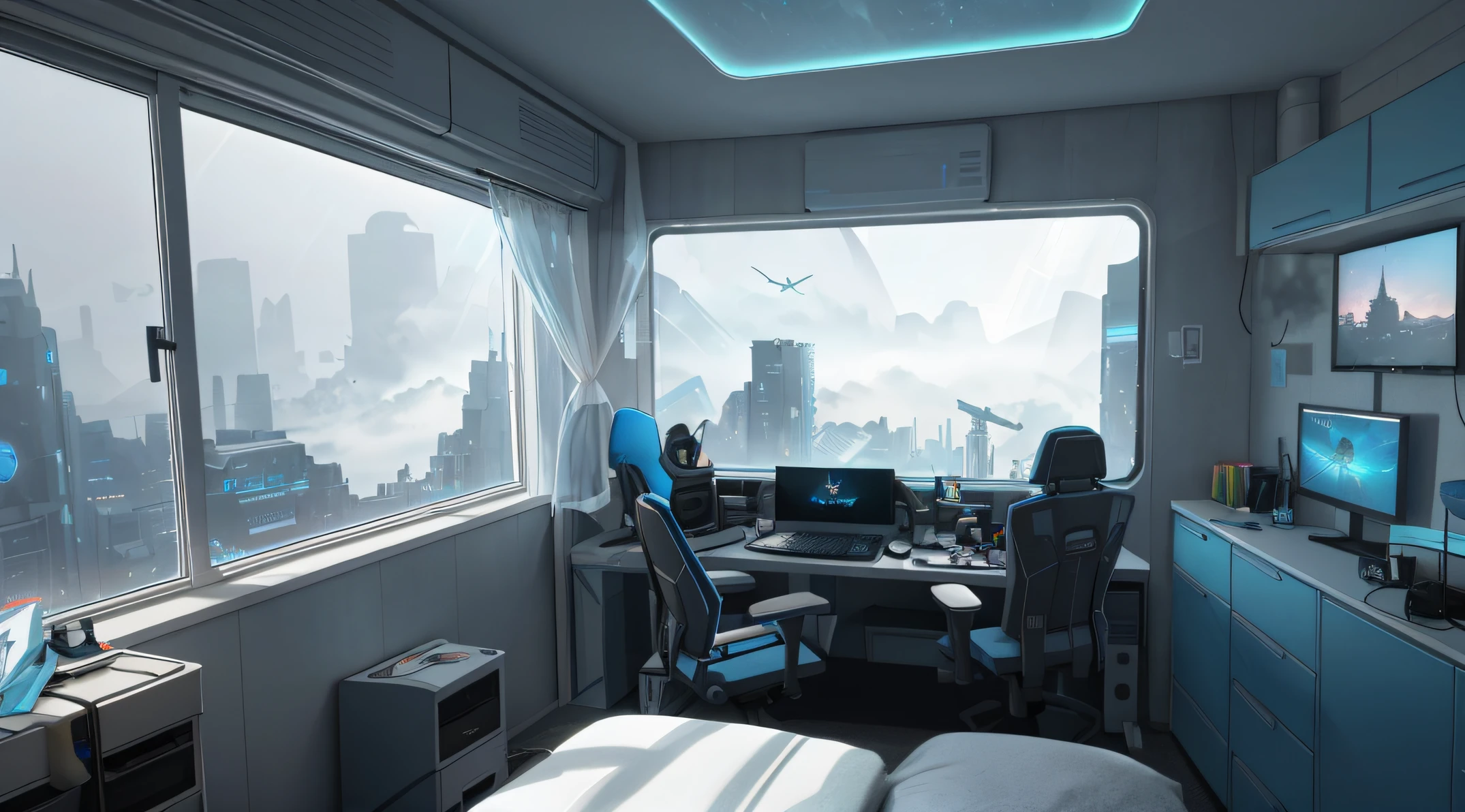 Gorgeous sci-fi matte painting for John Harris' bedroom, Sparta and Greg Rutkowski. sharp edges, Camera Straight, Tiffany Blue, Small kitchen, A small room, computer, dark gray, Blue-gray.. Sci-fi bedroom , Outside the windows of the cyberpunk cityscape, small panoramic window of the Cyberpunk room, Sundown, rain outside the window, Fog effect outside the window, gloomily. Ultra-sharp detail, 3d, октановый рендеринг 8K, huge gaming setup, wide screen monitor, white led strips on ceiling