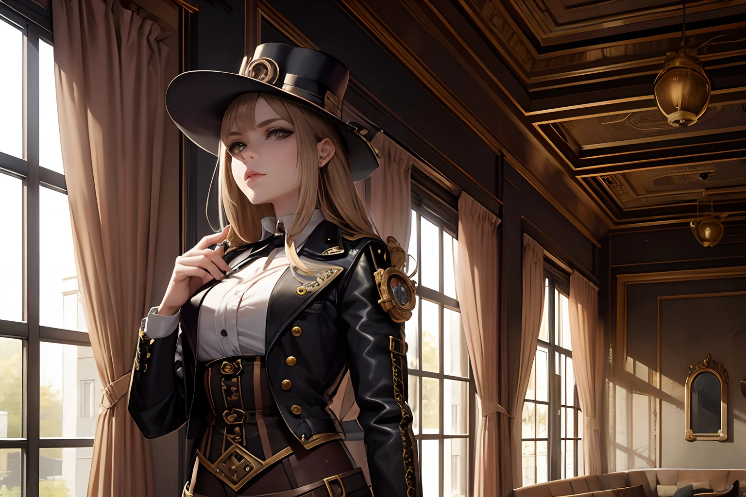 cryptid core, steampunk with chav girl, bard core, cool face, intricate details, chic modernist interior detail, highest quality,