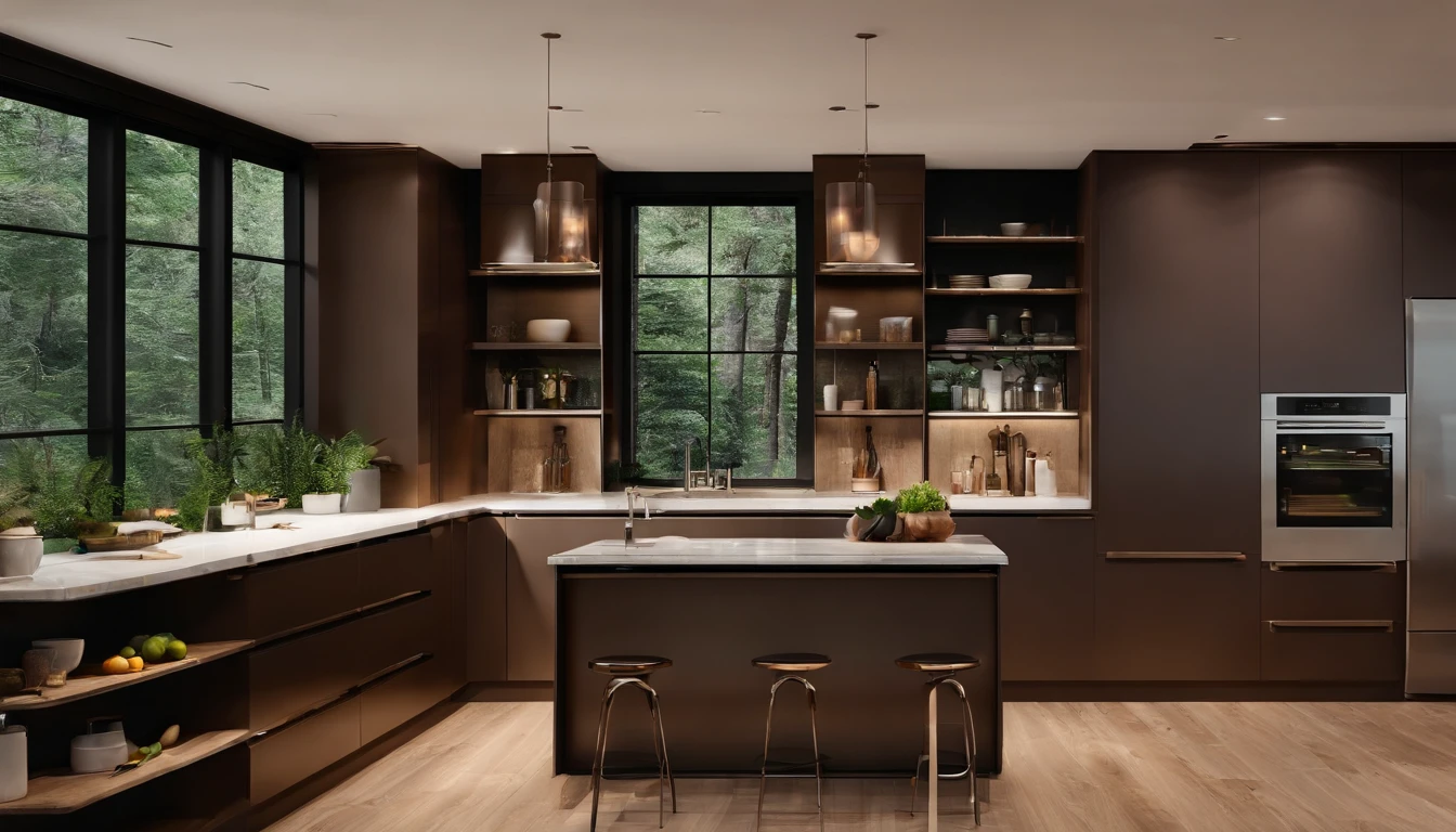 Modern kitchen,Spectacular improvement,refrigerator,cabinet,Wide Scene,In panoramic view,From the outside, UHD, high-detail