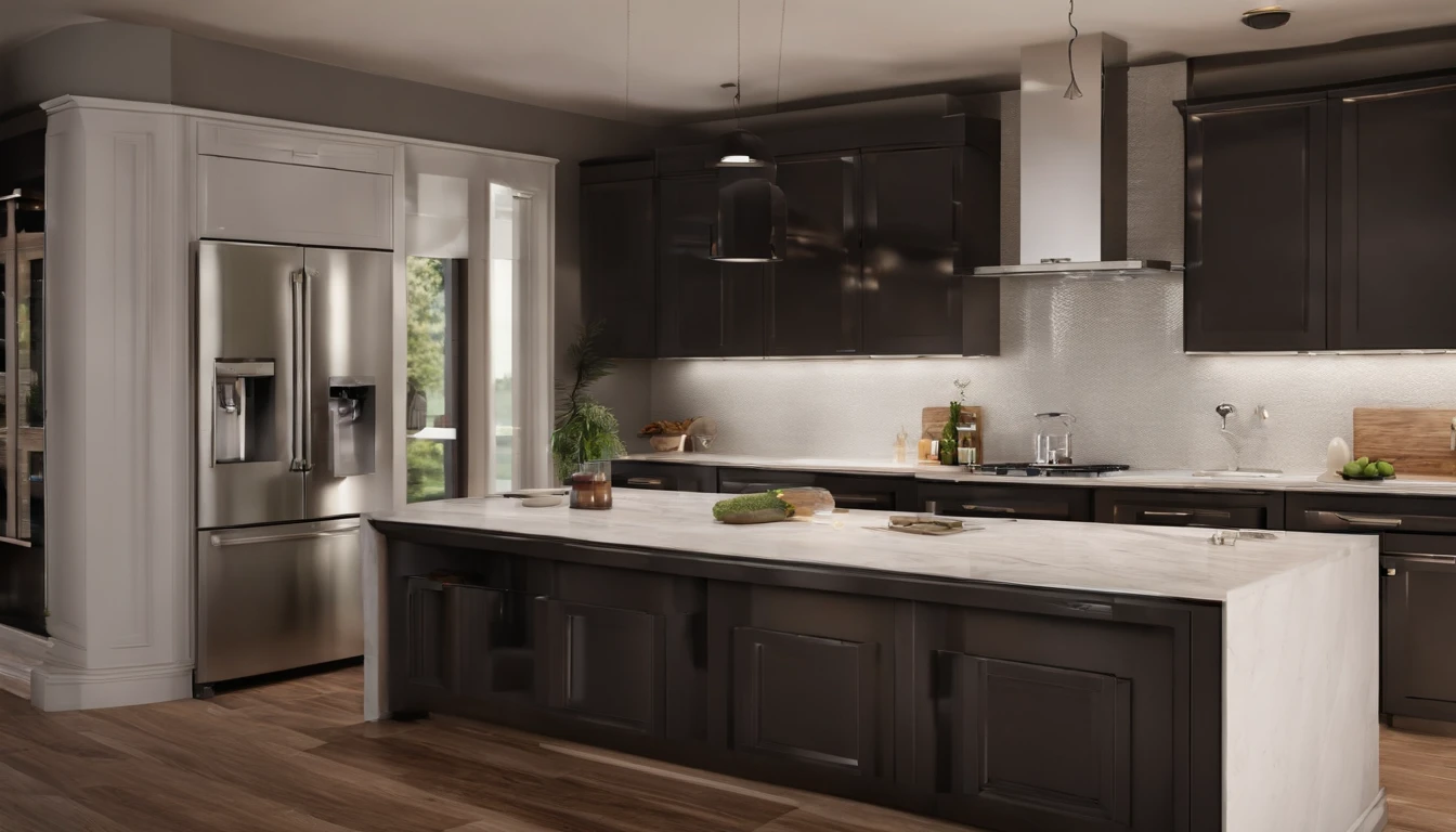 Modern kitchen,Spectacular improvement,refrigerator,cabinet,Wide Scene,In panoramic view,From the outside, UHD, high-detail