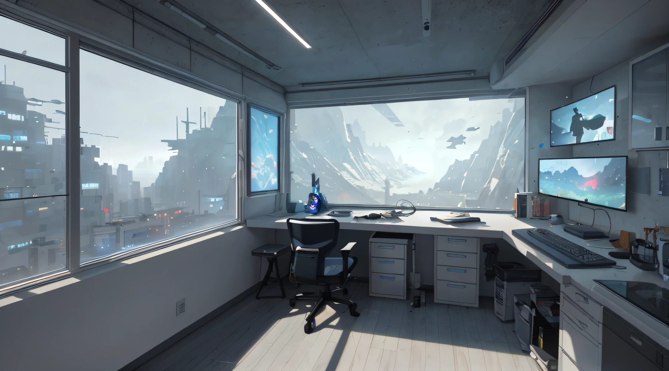 Gorgeous sci-fi matte painting for John Harris' bedroom, Sparta and Greg Rutkowski. sharp edges, Camera Straight, Tiffany Blue, Small kitchen, A small room, computer, dark gray, Blue-gray.. Sci-fi bedroom , Outside the windows of the cyberpunk cityscape, small panoramic window of the Cyberpunk room, Sundown, rain outside the window, Fog effect outside the window, gloomily. Ultra-sharp detail, 3d, октановый рендеринг 8K, huge gaming setup, wide screen monitor, white led strips on ceiling