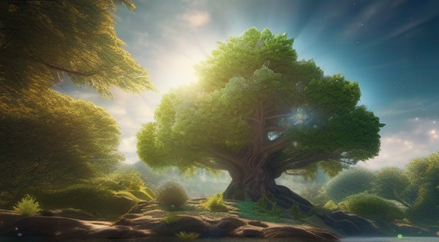 Illustration of a hyperrealistic , otherworldly, ultrasky scene featuring a giant crystal tree full body,very detailed and magical lighting, intricate forest details, vegetation and river around, solarpunk ,landscape, giant tree, beatifull leafy with beautiful lighting and realistic proportions, as if it were a cinematic background, 8k, highest quality, masterpiece, clouds and stars in the sky.