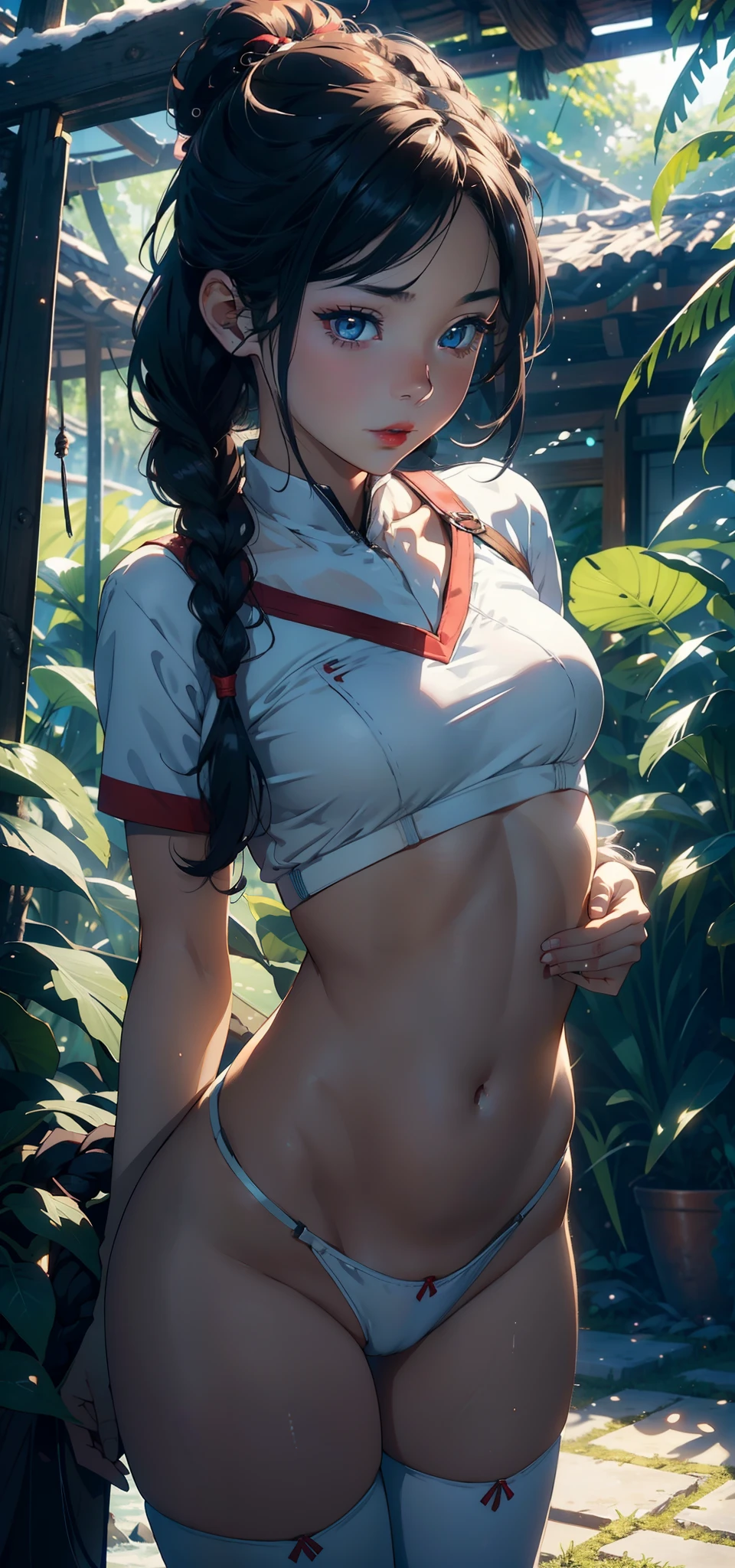 1female， 5，bit girl，Small lolsmallunderboob， 独奏，（Background with：the rainforest，SakuraNS，Ground area water） She has short wood-colored hair，Twist braids，seen from the front， hair straight，，（（（tmasterpiece），（Very detailed CG unity 8K wallpaper），best qualtiy，cinmatic lighting，detailed back ground，beatiful detailed eyes，Bright pupils，Blue eyes，Snow-whiteskin，Redlip（Very fine and beautiful），（Beautiful and detailed eye description），ultra - detailed，tmasterpiece，））facing at camera，A high resolution，ultra - detailed），revealing breasts，Bare genitalia，  Bulge，legs are open，Raised sexy，Camel toes，Flushed complexion，Desire for dissatisfaction，frontage，elemeain America uniform，