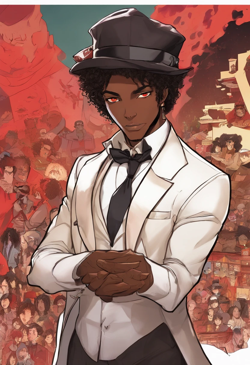 anime dark skin gambler with red eyes holding a card in his left hand. He wears phantom theif style clothing such as fancy trenchcoat, black fedora, beige shirt with black tie underneath an red vest, smug expression, smirking (((brown:1.3, red:1.3,black:1.2, white:1.2))), short curly hair, faded haircut