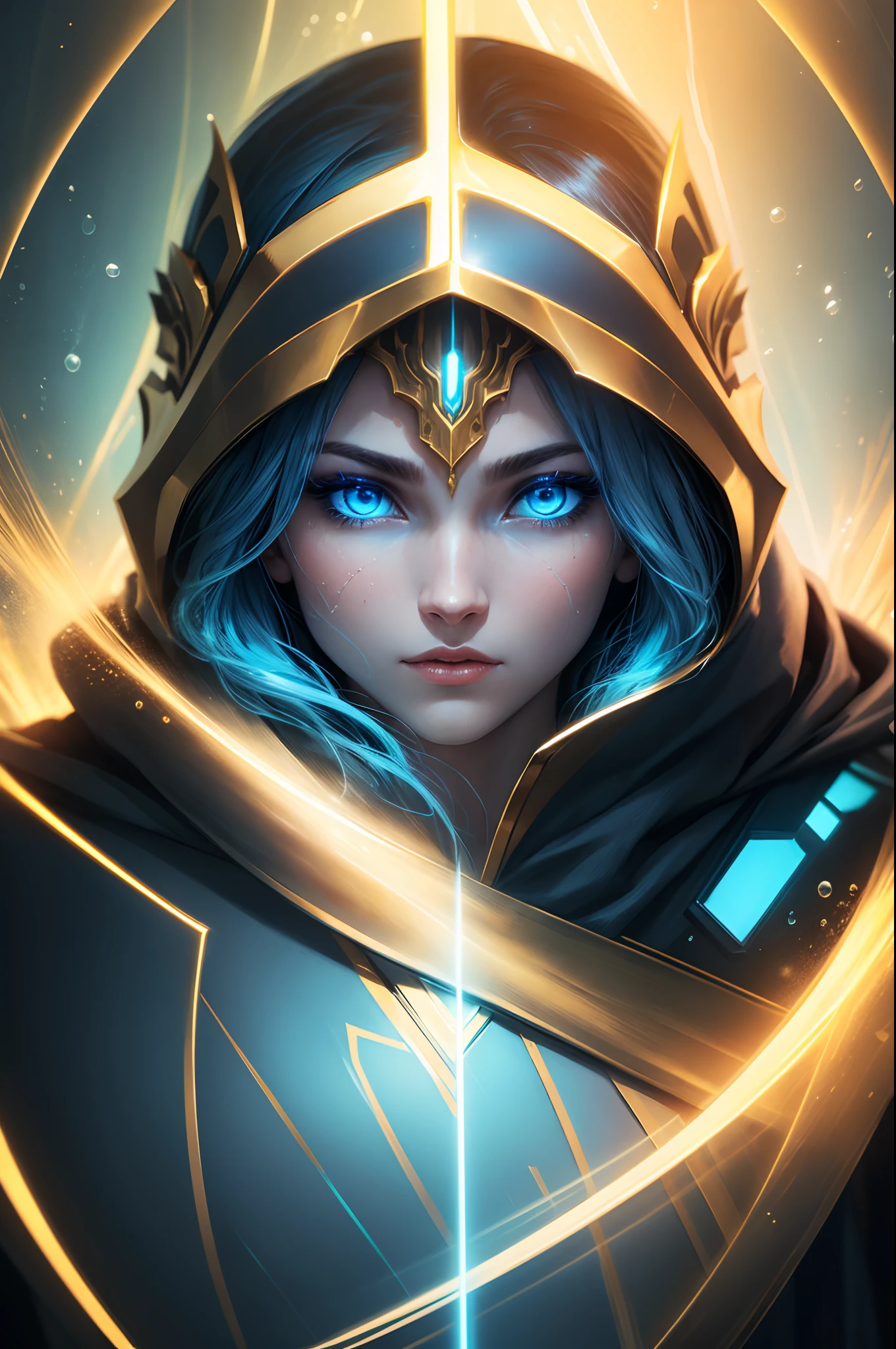 titan, female, underwater, neon blue eyes, golden cloak