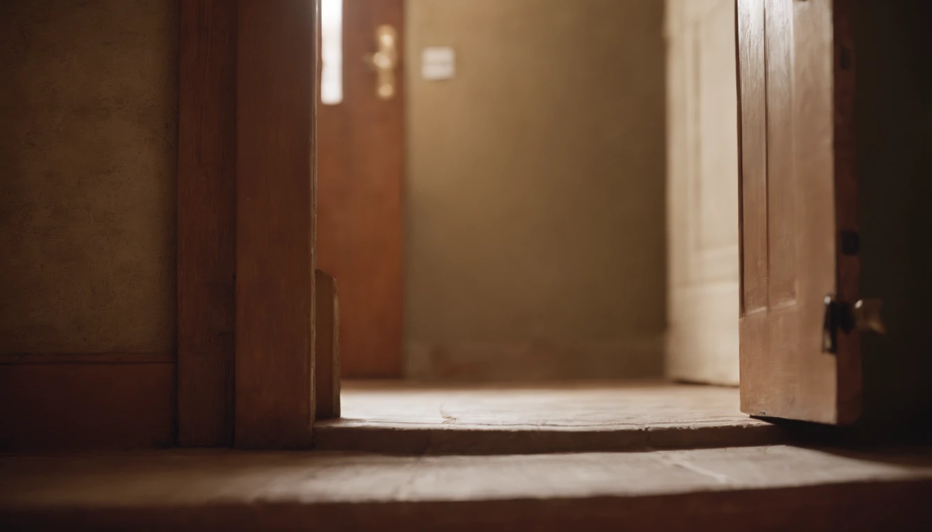 escena comienza con un pasillo poco iluminado, donde el protagonista camina cautelosamente hacia una puerta cerrada.
2. The camera focuses on a rusty door knob that rotates slowly and creaks with each rotation