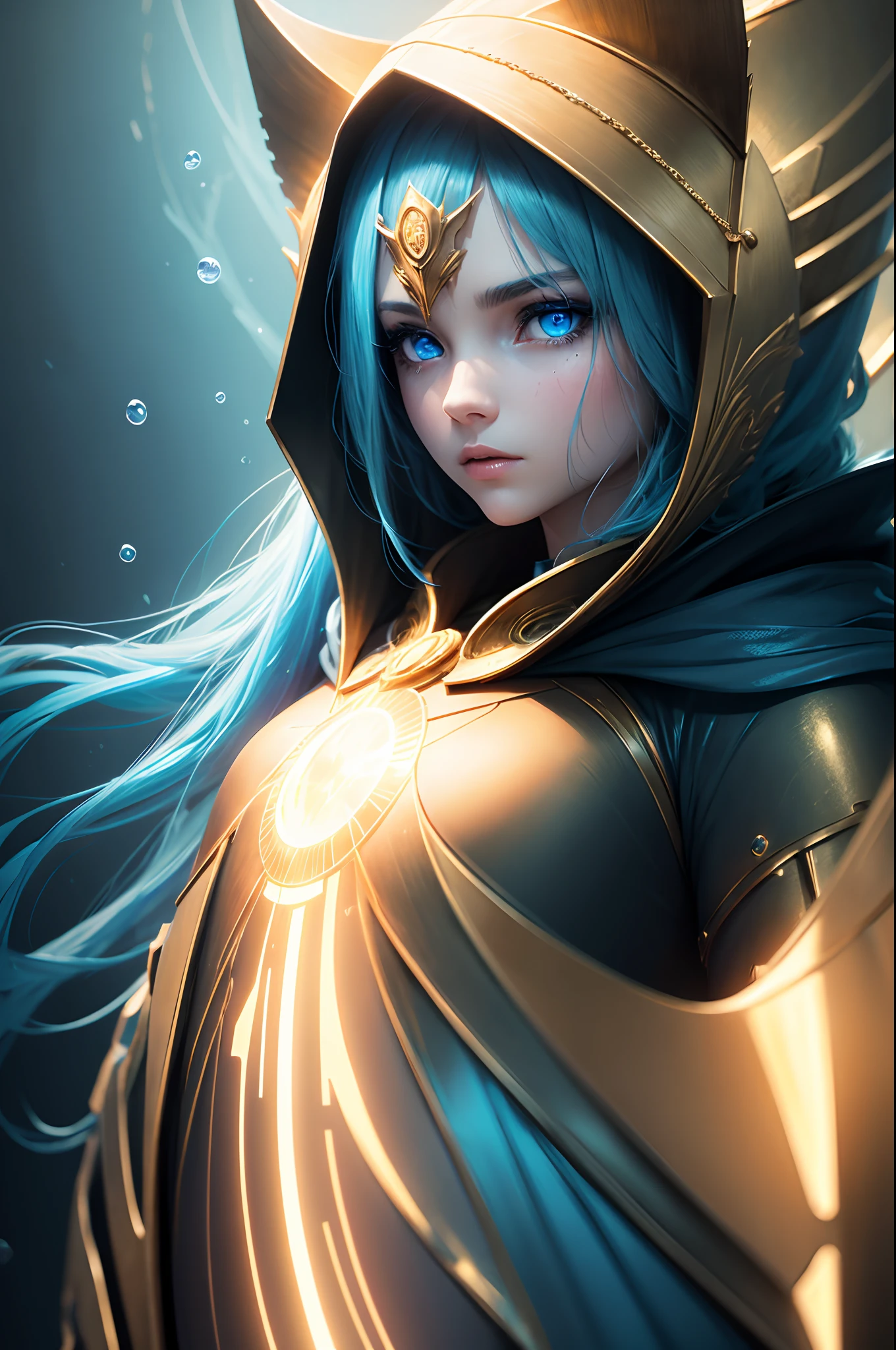 titan, female, underwater, neon blue eyes, golden cloak