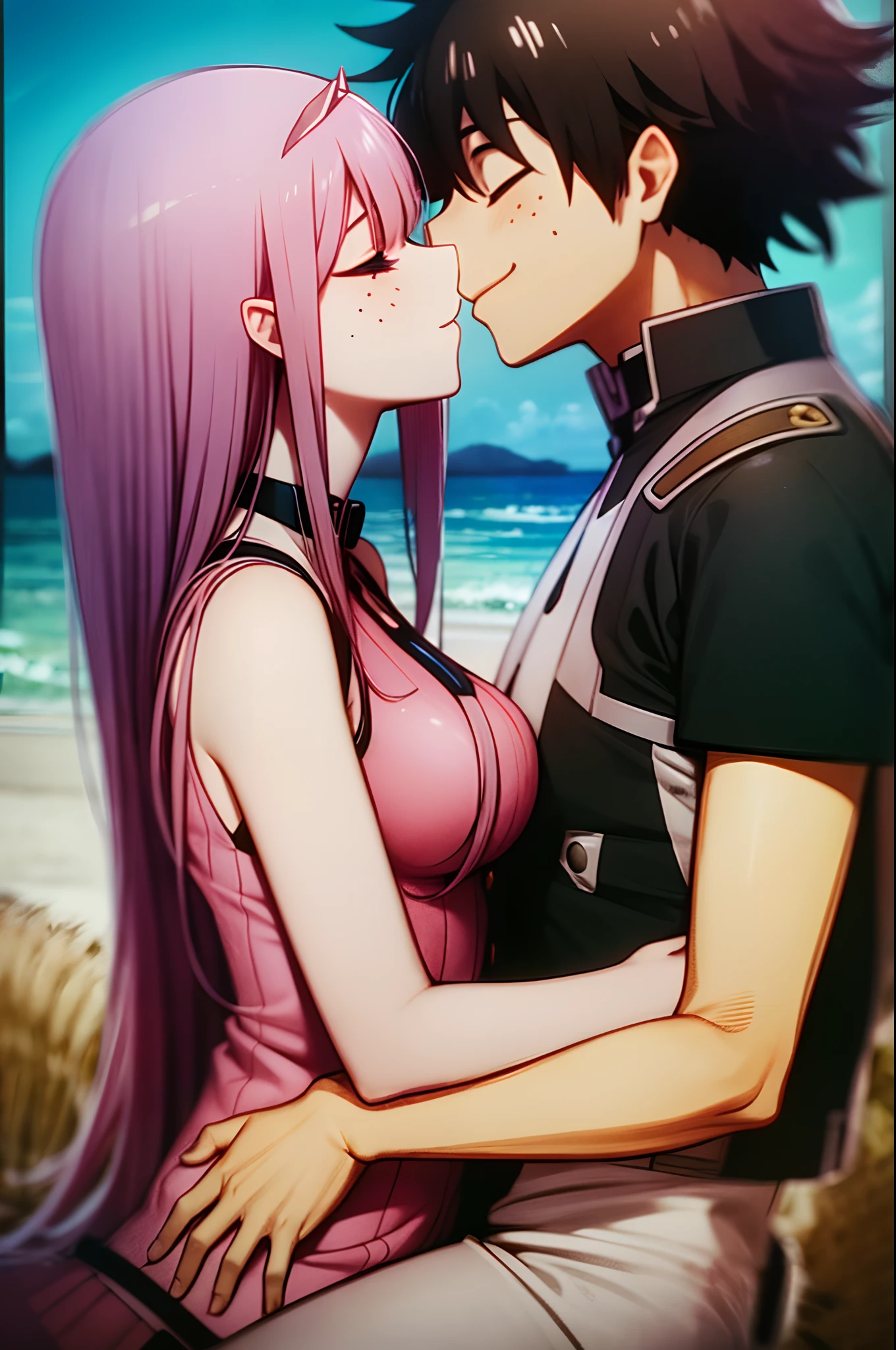 zero two, 1girl, zero two naked_shirt,vest_print:, izuku from bnha, izuku and zero two being a lovey dovey couple very affective in a beach, izuku with pants and pullover, love , happy, ,1girl,, ,sitting, standing, french kiss, kissing, 1boy, couple, husband and wife, happy, romantic kiss, passionated kiss, hug, pregnan zero two