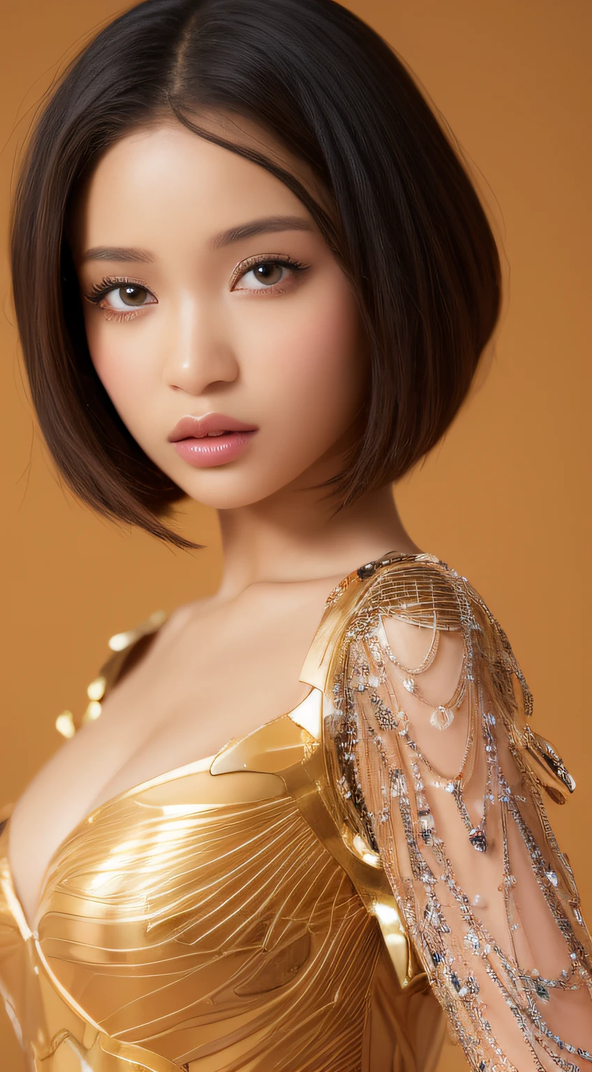 One African model ,Unique hair details, Butterfly Pattern Y2K Fashion. Fairy-like. Mechanical Fashion, Near future, Curve details , Detailed eyes, 二重まぶた, Plump lips, Short hair, Professional makeup, Golden ratio, Hyper res