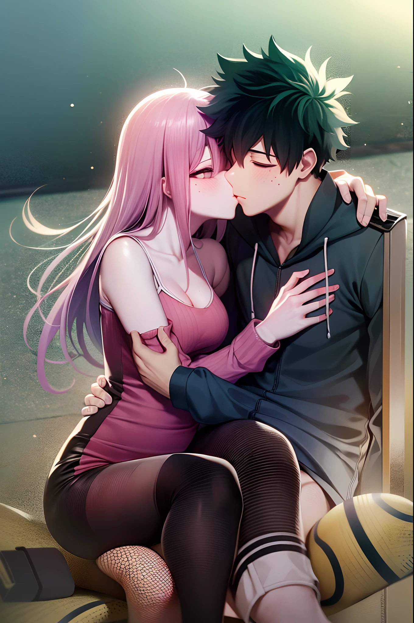 zero two, 1girl, zero two naked_shirt,vest_print:, izuku from bnha, izuku and zero two being a lovey dovey couple very affective in a beach, izuku with pants and pullover, love , happy, ,1girl,, ,sitting, standing, french kiss, kissing, 1boy, couple, husband and wife, happy, romantic kiss, passionated kiss, hug, pregnan zero two