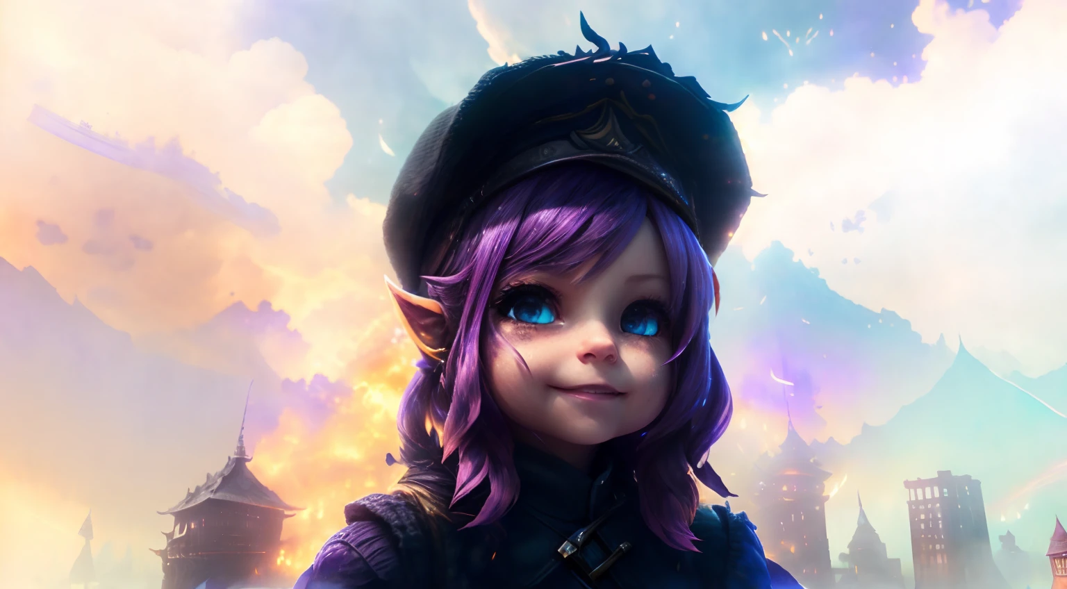 (best quality,4k,8k,highres,masterpiece:1.2),ultra-detailed,(fantasy,photorealistic,photo-realistic:1.37),smug lalafell,purple hair,lalafell wearing a backwards cap,lalafell with a mischievous smile,eccentric lalafell,sly expression,lalafell in a confident pose,lalafell holding a small gadget,cityscape engulfed in flames,dramatic burning buildings,ominous smoke billowing,ruined taverns,a sense of destruction and chaos,orange and red hues lighting up the nightsky,dynamic and intense lighting effects,crumbling infrastructure,emerging sparks,ash and debris floating in the air,faint silhouettes in the distance,hint of despair and survival against the odds,contrasting purple tones accentuating the lalafell's presence,attention to fine details in facial features and clothing,streets filled with abandoned vehicles,reflection of flames in the lalafell's eyes, medieval town.